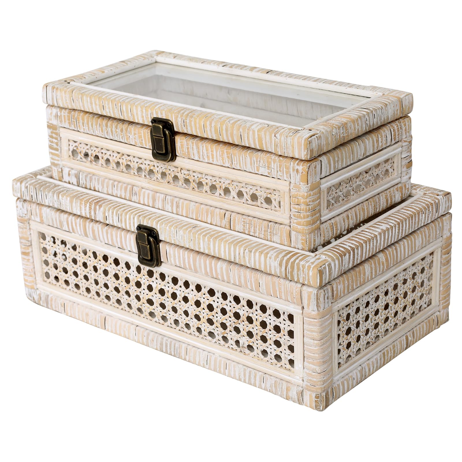 DECOR4SEASON Rattan and Cane Stacking Boxes with Glass Top Lid - Set of 2 11.8 and 14.1, for Boho and Rustic Farmhouse Decor, Wh