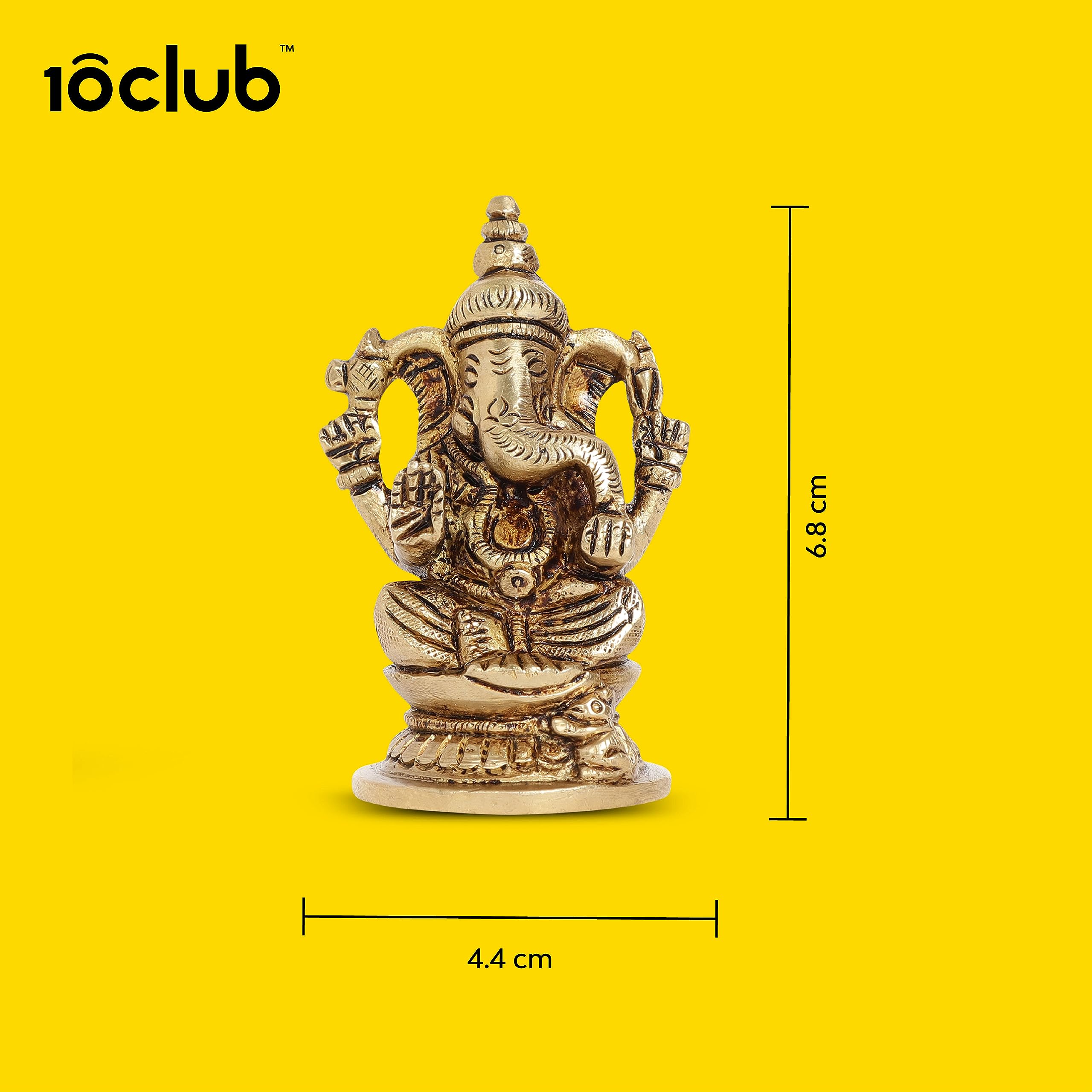 10Club 100% Pure Brass Lord Ganesha Idol for Home | 6.8 CM | Ganesh Murti | Yellow Antique Finish
