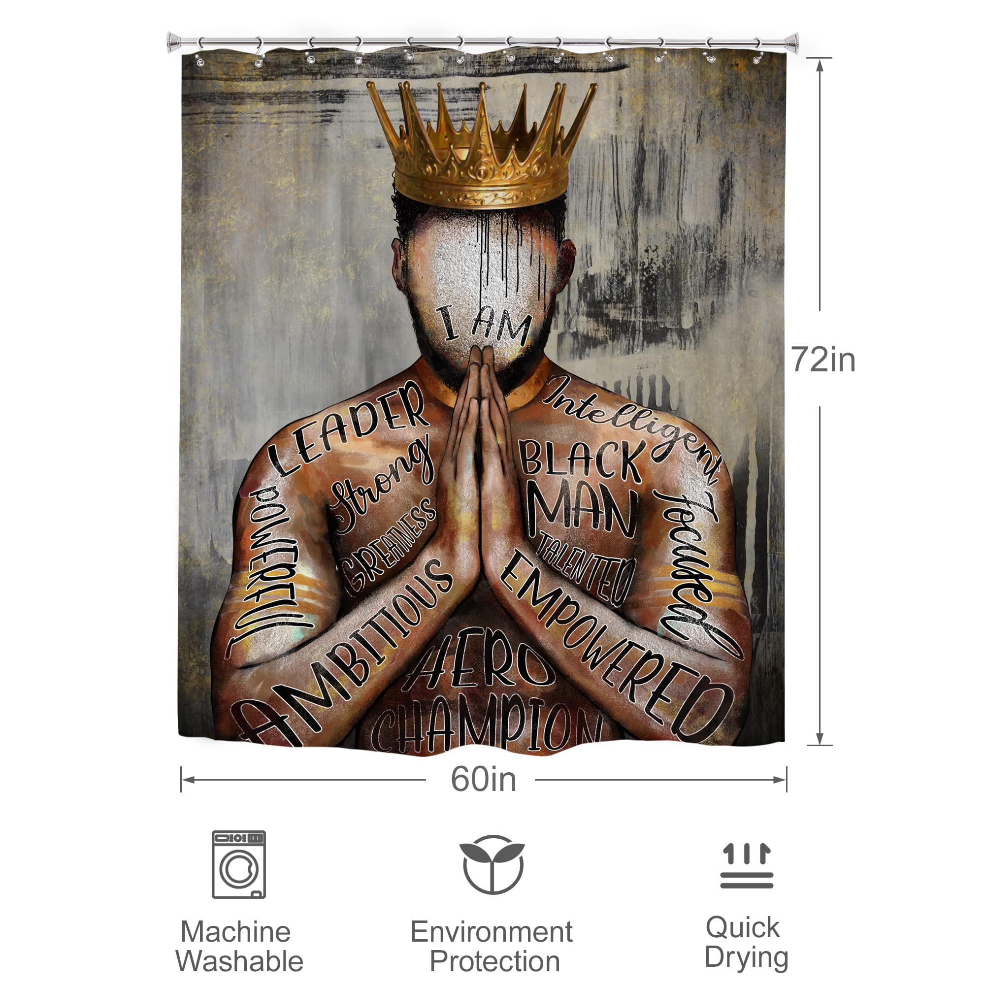 Omifly Black Mens Shower Curtain 60Wx72H Inch African American Man Bathroom Set Black King Inspirational Quotes Motivational Phr