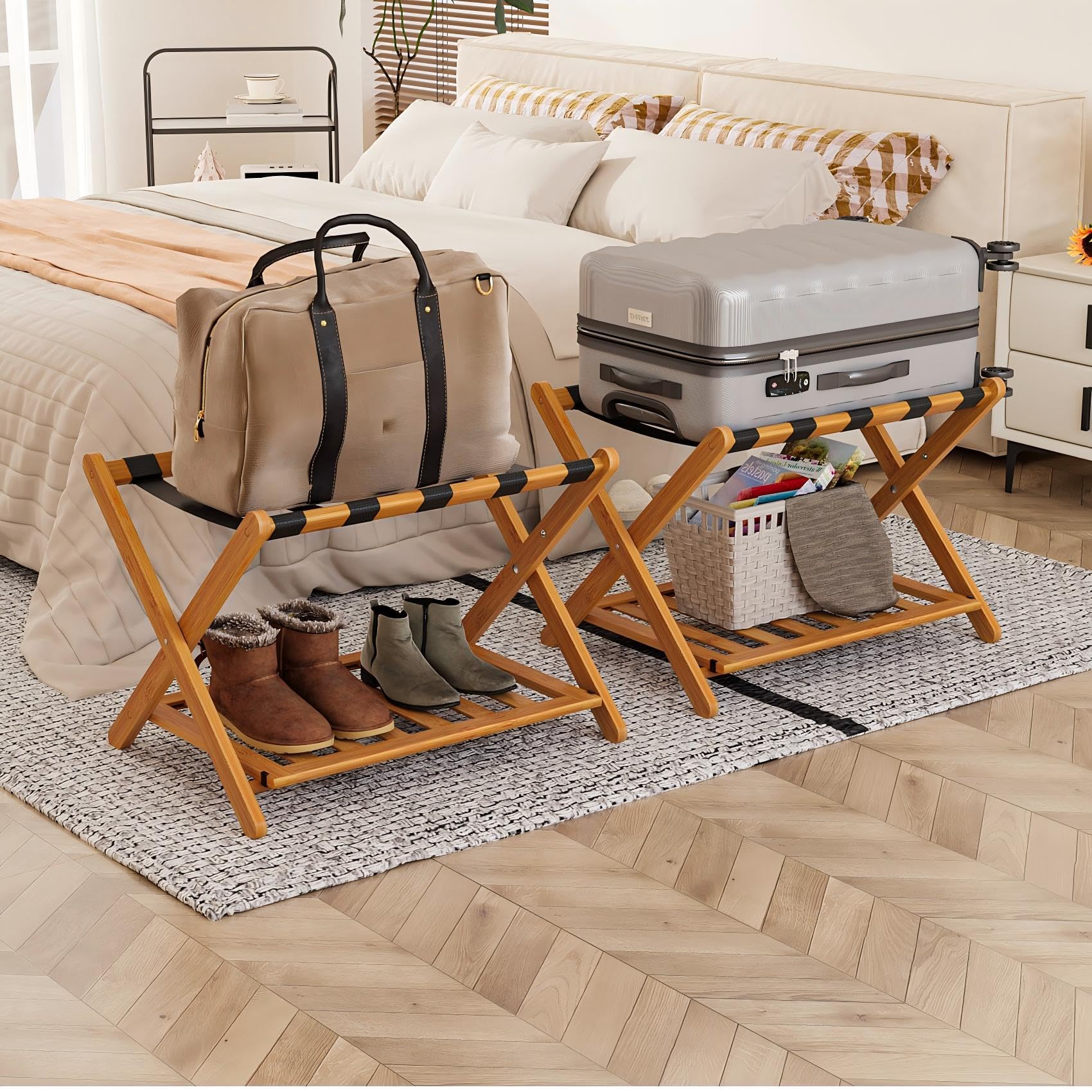 Smart FENDEE Pack of 2 Fully Assembled Bamboo Luggage Racks with Shoe Shelf, 5 Heavy-Duty Straps Folding Suitcase Stand, Luggage