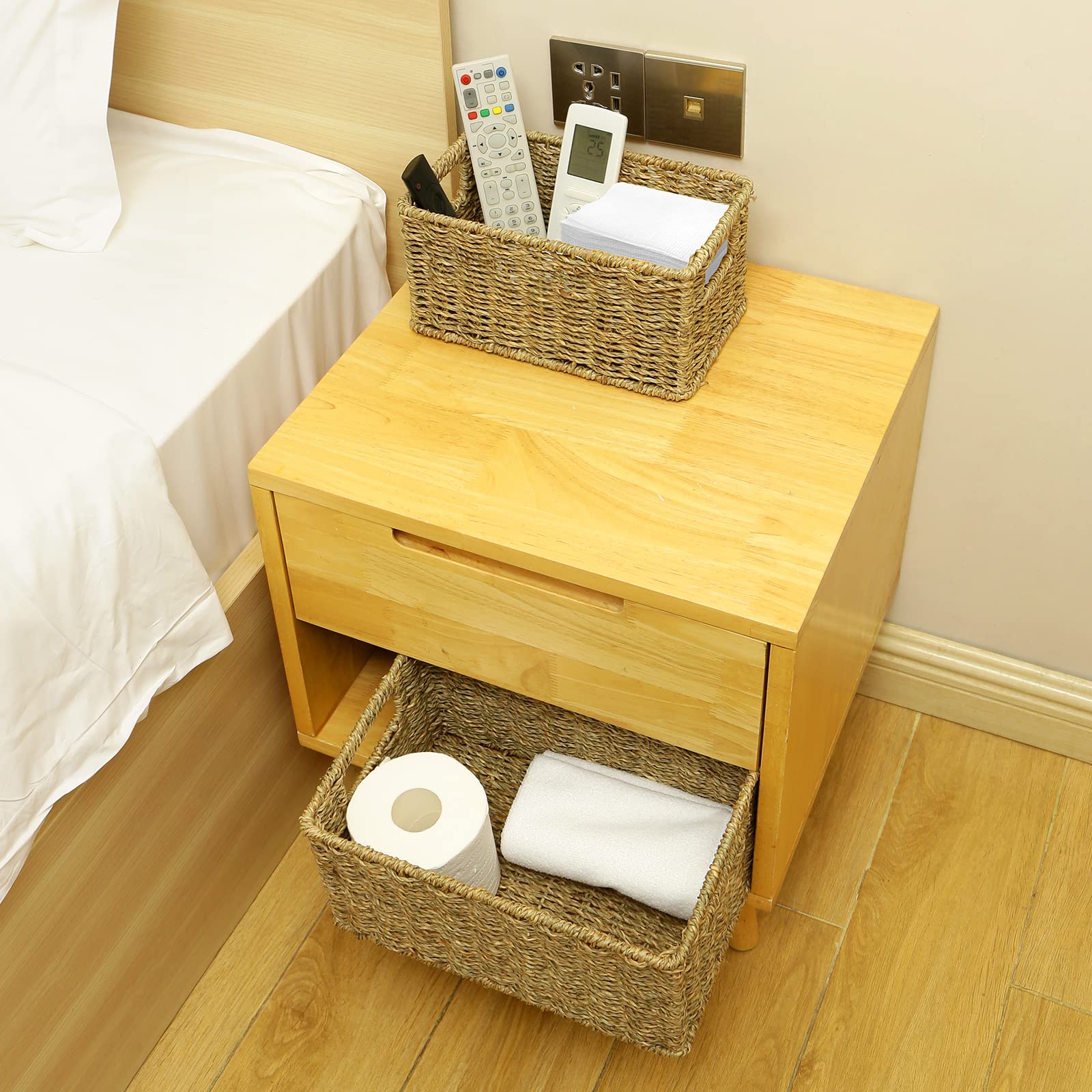 HOONEX Wicker Baskets for Storage  Seagrass Baskets with Dual Handles  Woven Baskets for Shelves  Set of 2  Natural