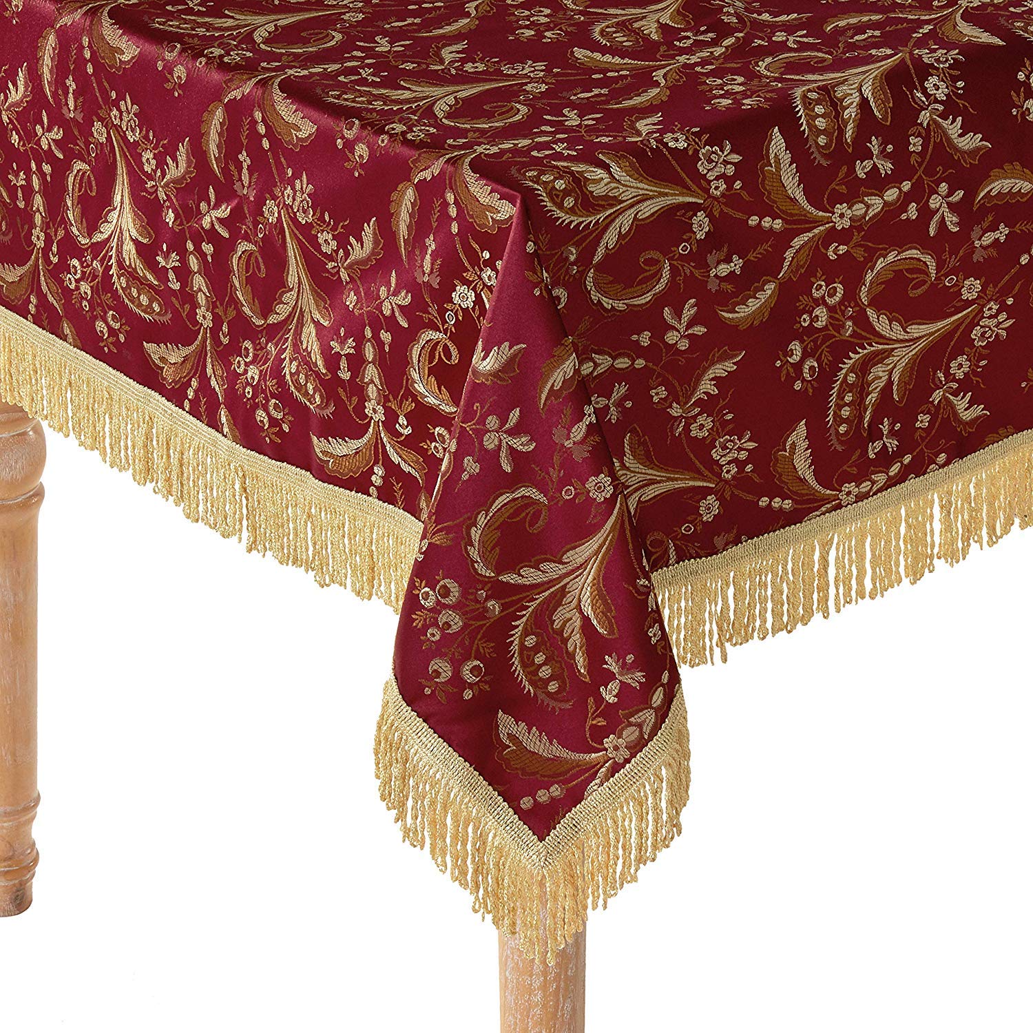 Violet Linen Luxury Damask Floral Design, Polyester Jacquard, With Fringes, Burgundy, 60 Inch By 102 Inch, Seats 8 To 10 Pepole,