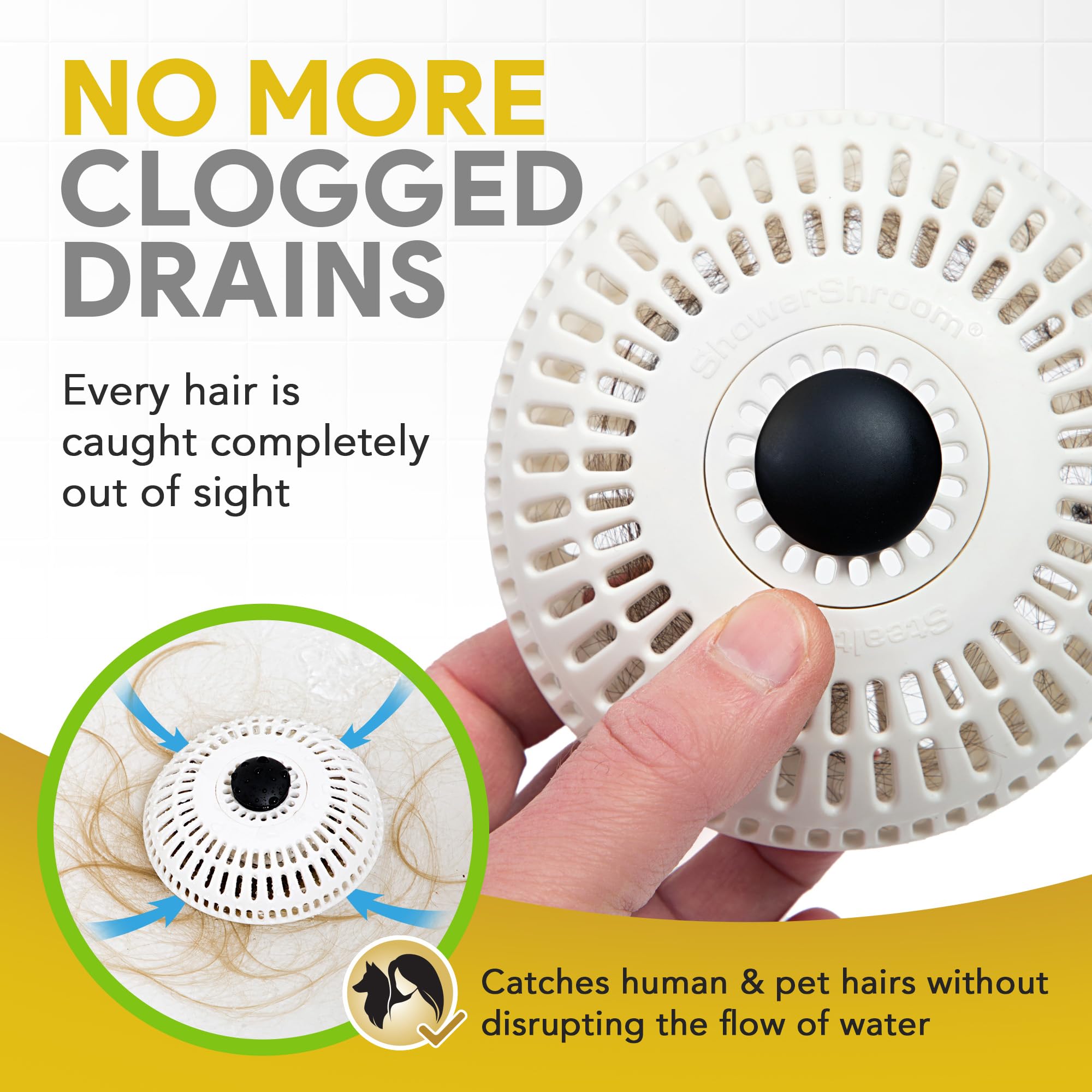 Showershroom Stealth Shower Hair Drain Catcher - Hair Stopper For Shower Drain, Bathtub, And Bathroom Sink, Will Not Impede Wate
