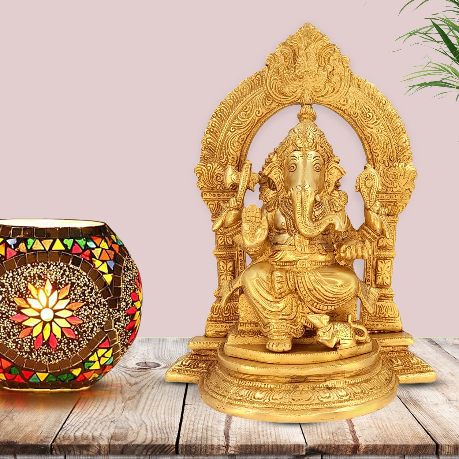 Kartique Brass Ganesh Bhagwan Sitting Mangalkari Ganesh Idol Gaon Singhasan Ganpati Murti Statue Home Office Entrance Decor Pooj