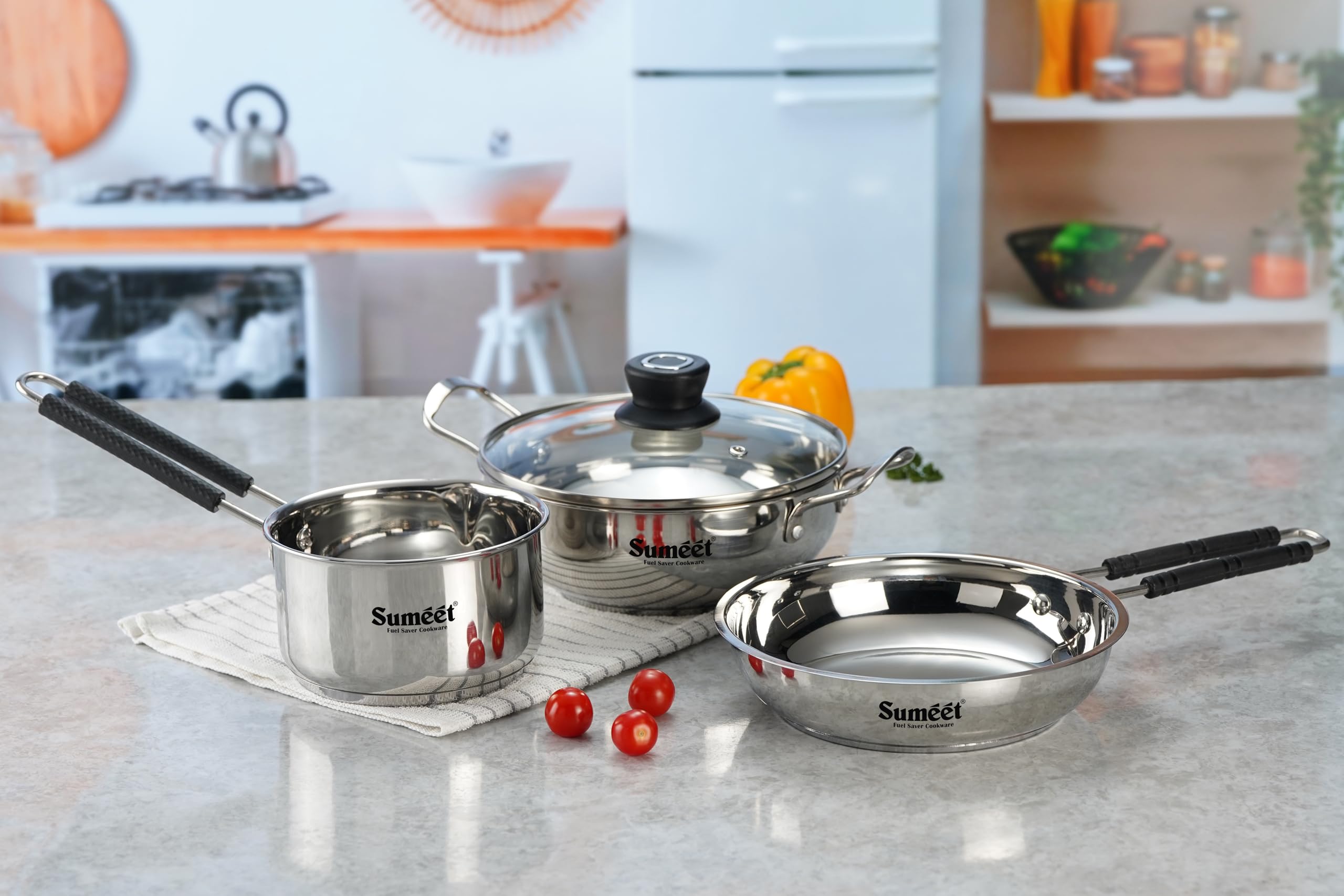 Sumeet Stainless Steel Induction Bottom Gas Stove & Induction Friendly 4Pc Cookware Set, Kadai  1500Ml / 20Cm, Frypan 1250Ml / 