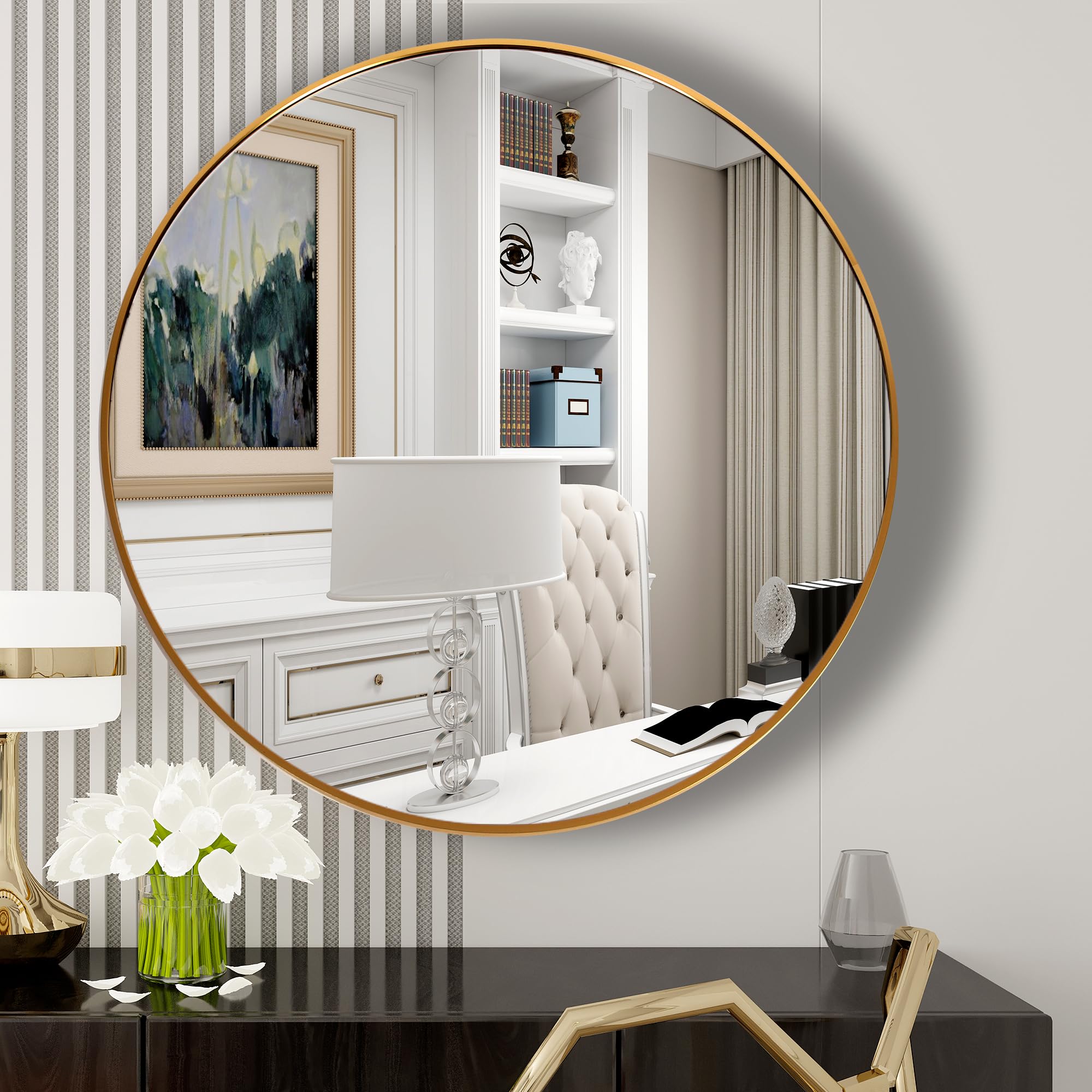 FANYUSHOW Round Mirror For Bathroom, Gold Circle Mirror For Wall Mounted, 24 Modern Brushed Brass Metal Frame Round Mirror For W