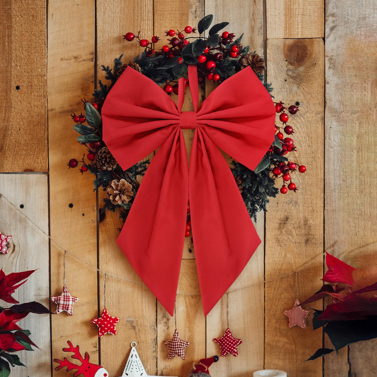 Suncalla 2 Pcs Red Christmas Wreath Bow 19.6 x 11.8 Large Burlap Wreath Sash Christmas Tree Topper Ornament Bow for Front Do