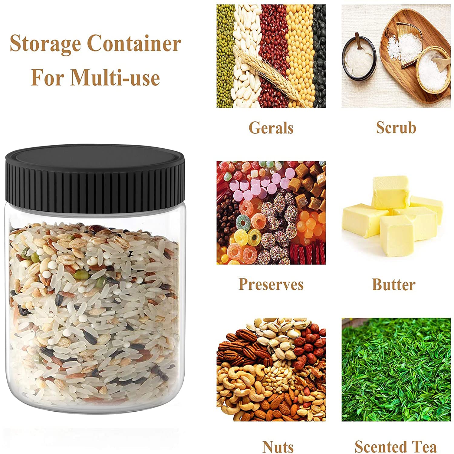 Xinglian 16 Oz Clear Plastic Jars With Black Lids Refillable Kitchen Storage Containers For Dry Food, Coffee, Nuts And More, 6 P