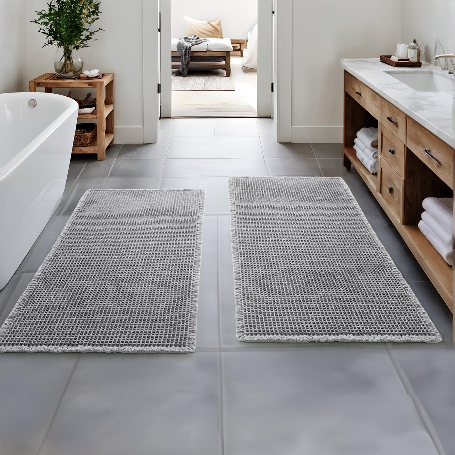 MIULEE Set of 2 Waffle Bathroom Runner Rugs, Boho Bath Rugs Non Slip Washable, Super Absorbent Bath Mats, Rubber Backed Shower M