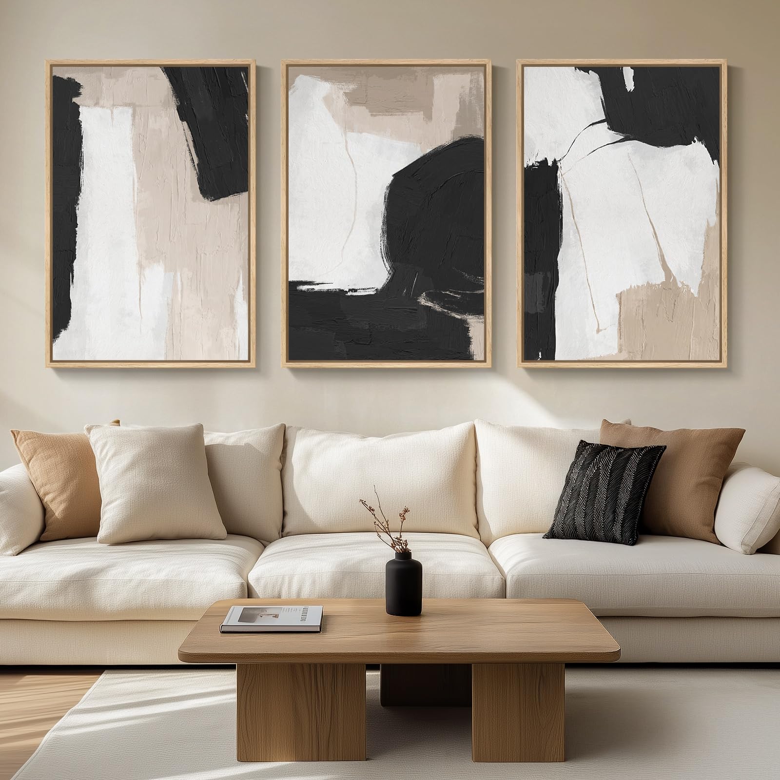 Large Framed Black And White Neutral Abstract Wall Art For Living Room, 3 Piece Canvas Prints Paintings Artwork For Walls, Moder