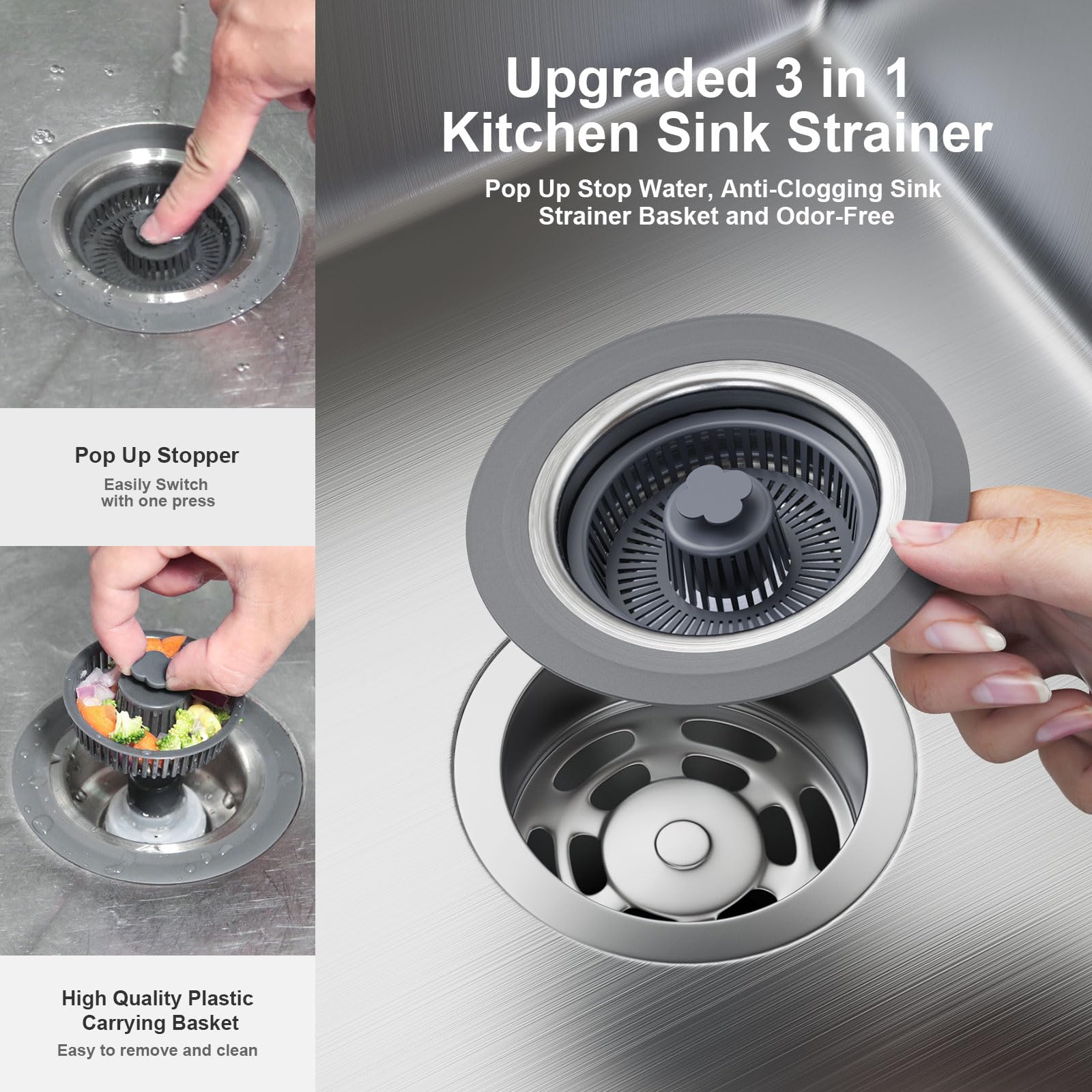 Xlmsports 3 In 1 Kitchen Sink Drain Strainer And Stopper Combo, 304 Stainless Steel Pop-Up Kitchen Drain Stopper With Strainer B