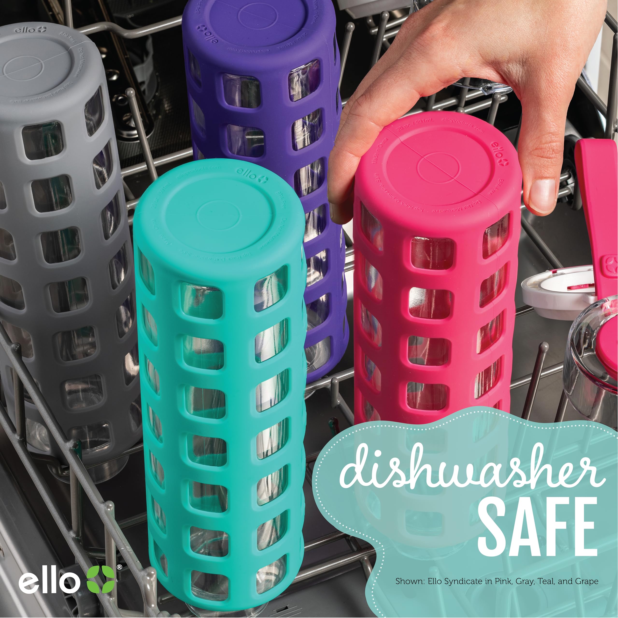 Ello Syndicate Glass Water Bottle with One-Touch Flip Lid  Grey   20-ounce