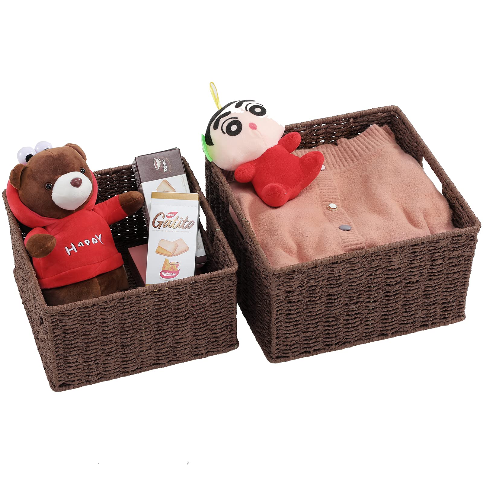 HOONEX Storage Baskets for Organizing  Decorative Round Paper Rope Woven Baskets for Storage with Carrying Handles  Set of 2  Dark Brown