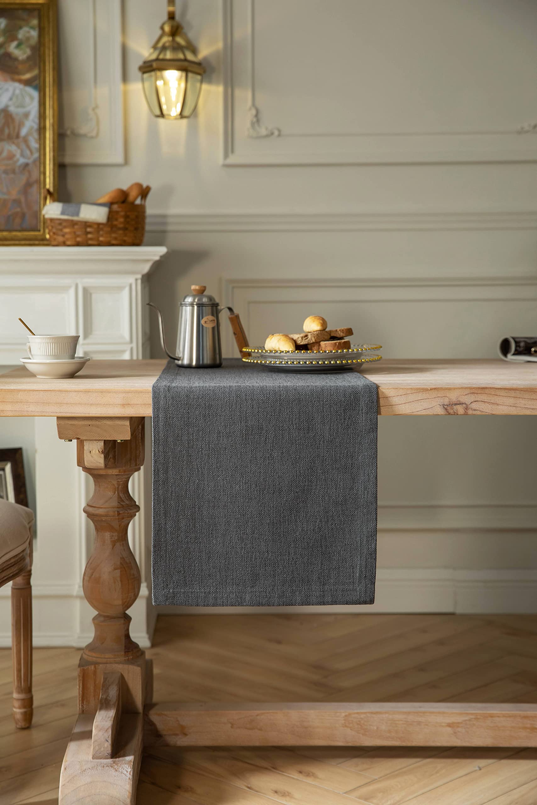 Zeemart Burlap Style Farmhouse Table Runners 90 Inches Long, Grey Rustic Woven Dining Table Runner For Everyday Use, 14X90 Inche