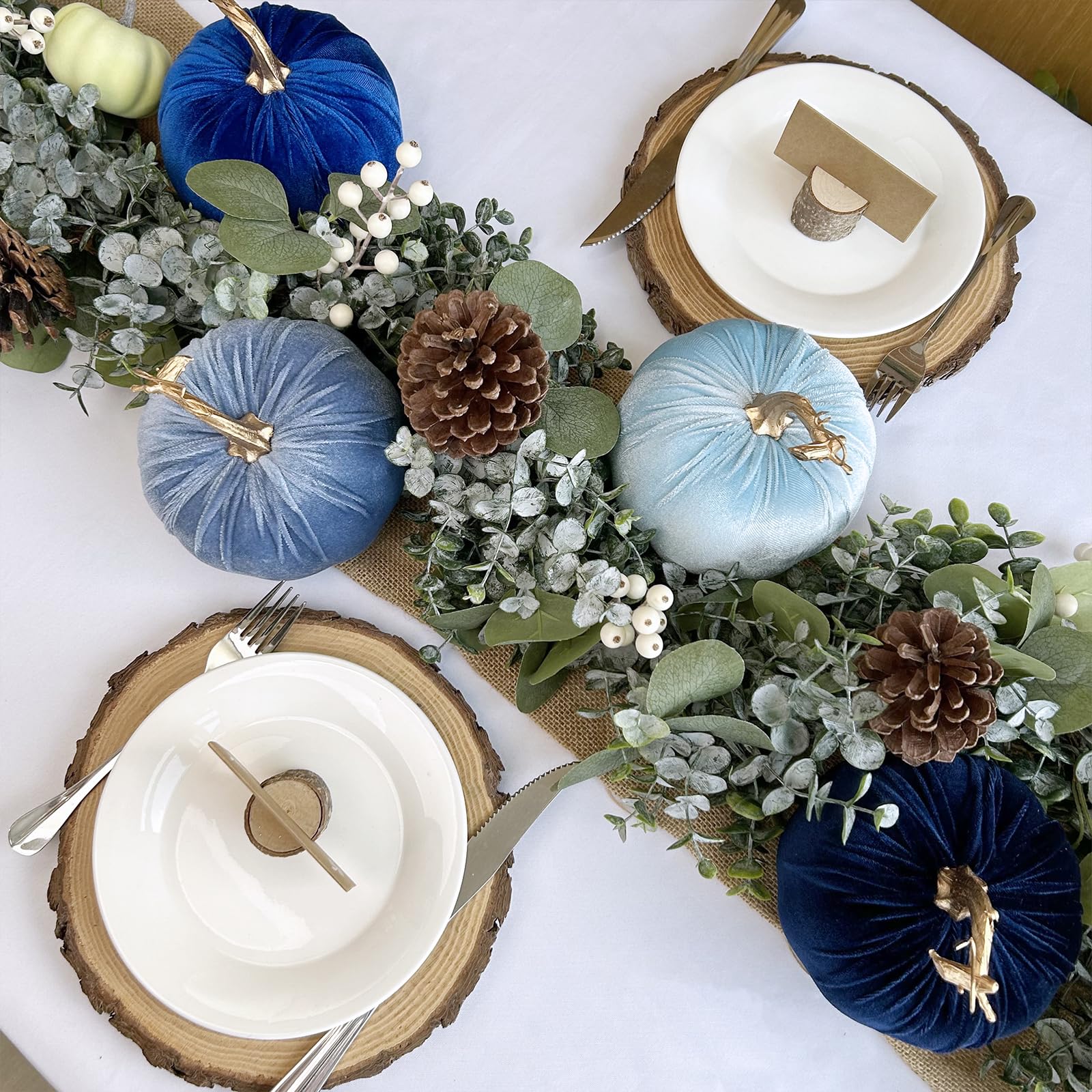 Winlyn 4 Pcs Assorted Blue Faux Velvet Pumpkins Decorative Harvest Pumpkins Fabric Foam Pumpkins for Farmhouse Fall Wedding Hall