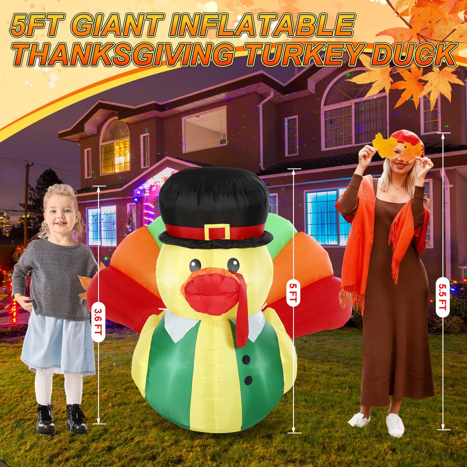Leyndo 5FT Thanksgiving Inflatables Turkey Duck Fall Decoration Outdoor Inflatables Duck with Build-in LEDs Lights Blow Up Large