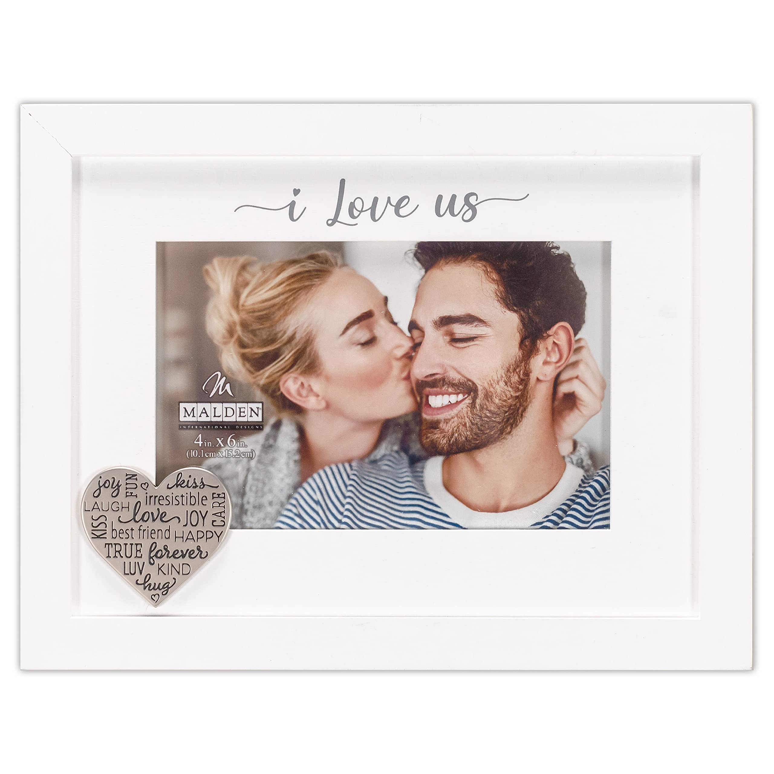 Malden International Designs 4x6 I Love Us Picture Frame Raised White Outer MDF Wood Moulding White Wood Grain Finish Mat With G