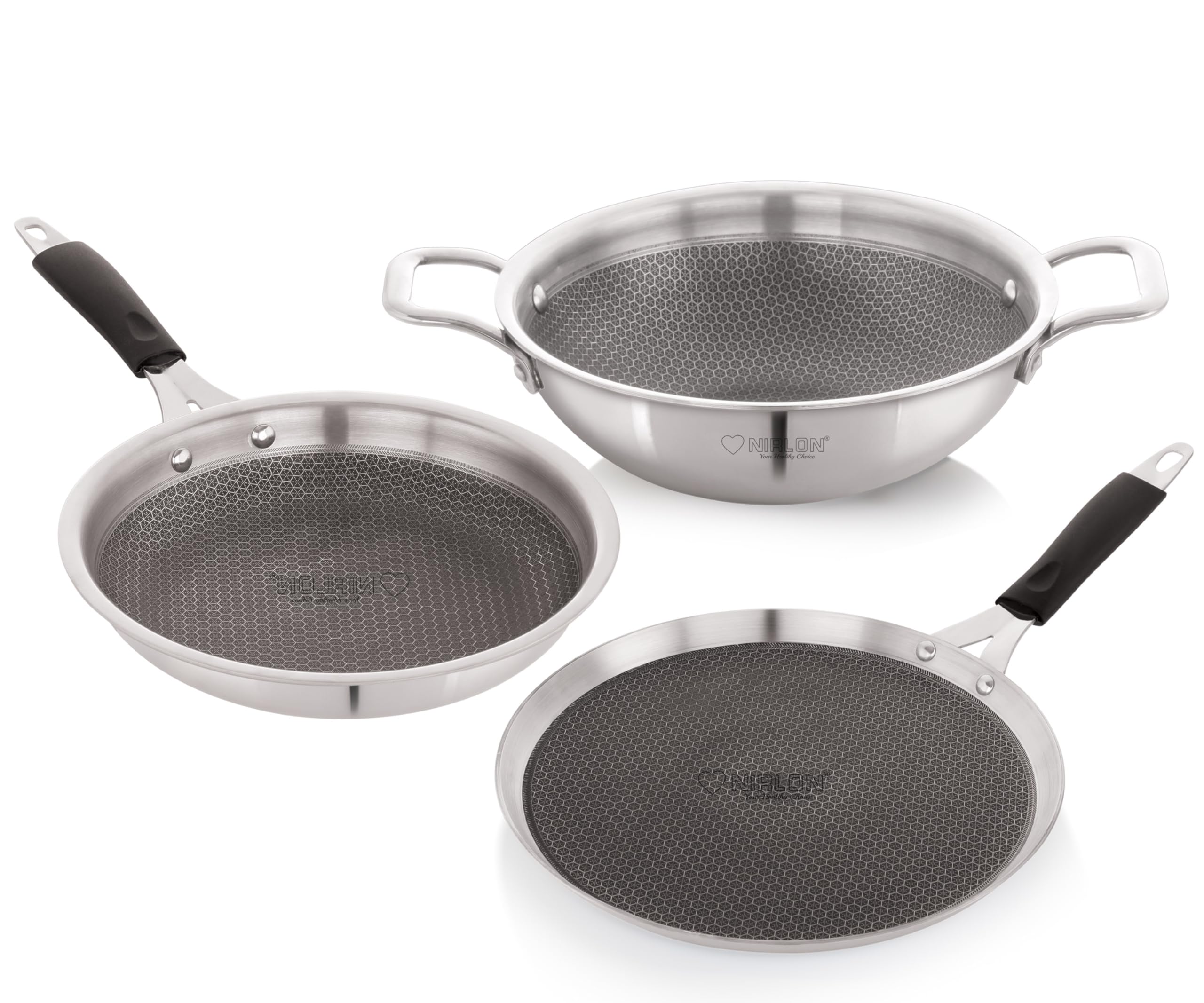 Nirlon Prima Honeycomb Stick Free Triply Stainless Steel Cookware Combo Set Of 3Pc |Flat Tawa29Cm/Fry Pan 24Cm/Deep Kadai 24Cm-2
