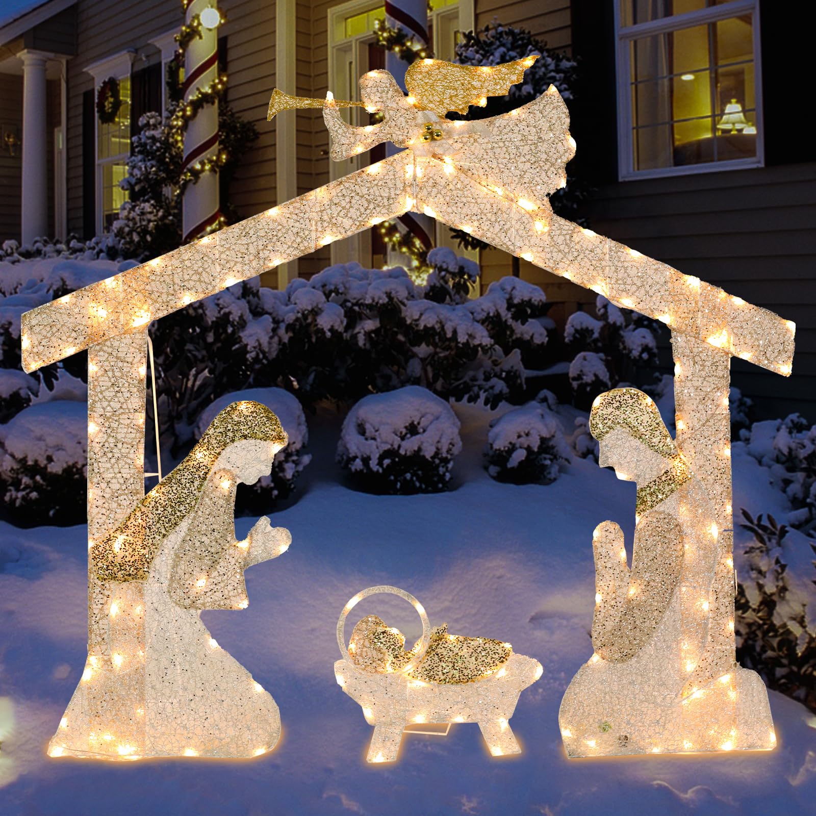 Outdoor Christmas Nativity Scene Decoration Christmas Lighted Holy Family Nativity Scene with Angel Decoration for Xmas Home Pat