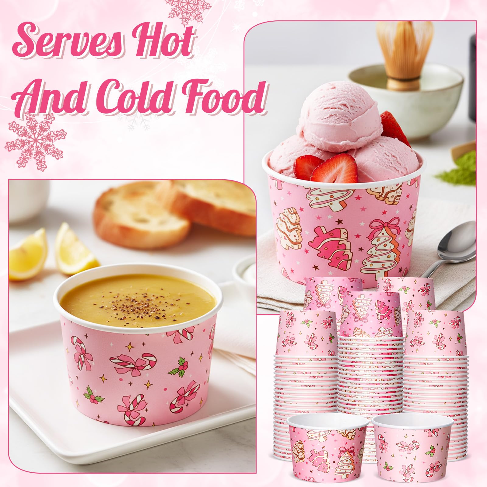 Jingmore 100 Pcs 8 oz Pink Christmas Treat Snack Cups Pink Xmas Tree Candy Canes Disposable Bowls Ice Cream Dessert Soup Paper B