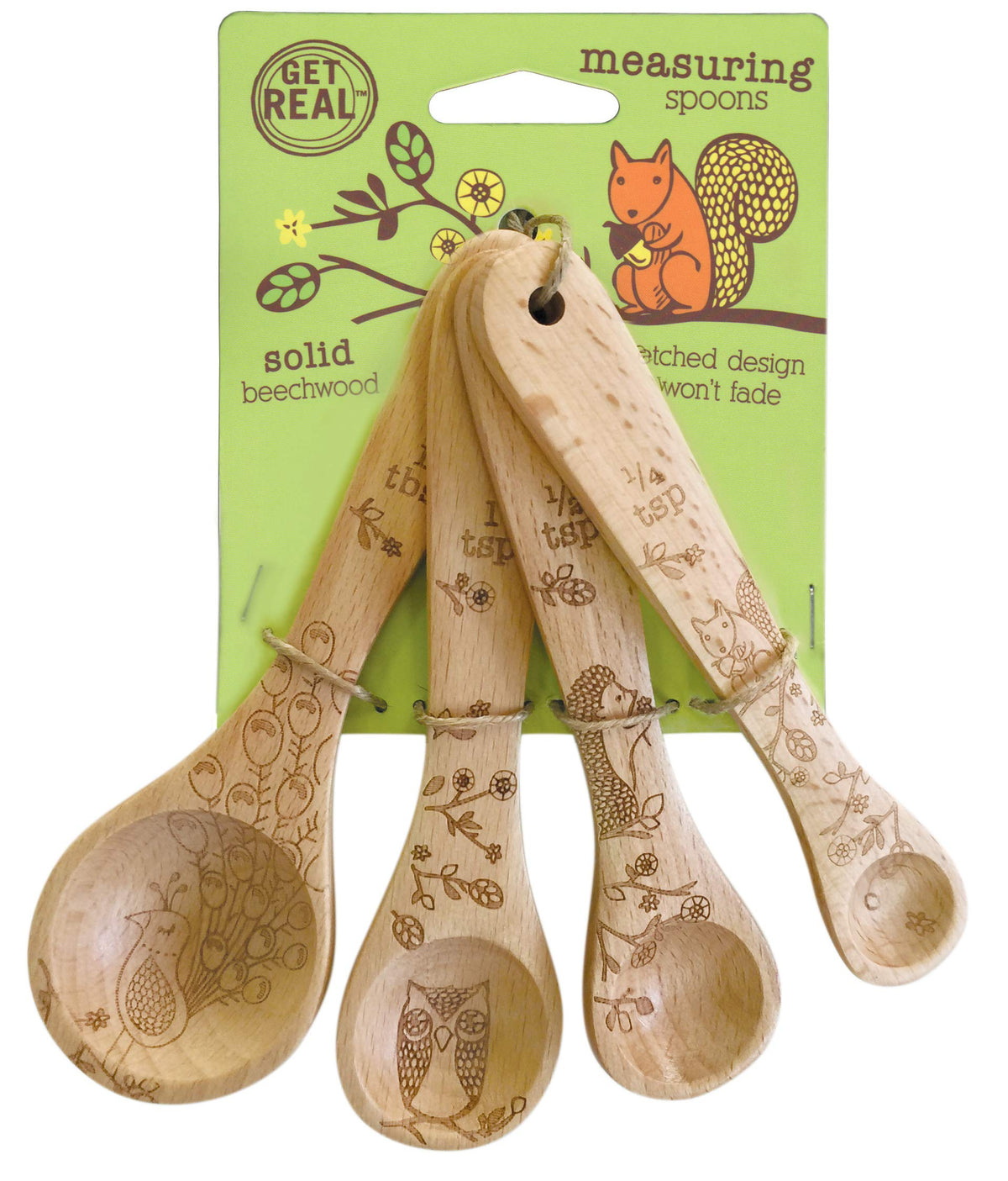 Talisman Designs Laser Etched Beechwood | Set Of 4 | Woodland Design | Natural, Wooden Measuring Spoons Set| Cute & Functional K