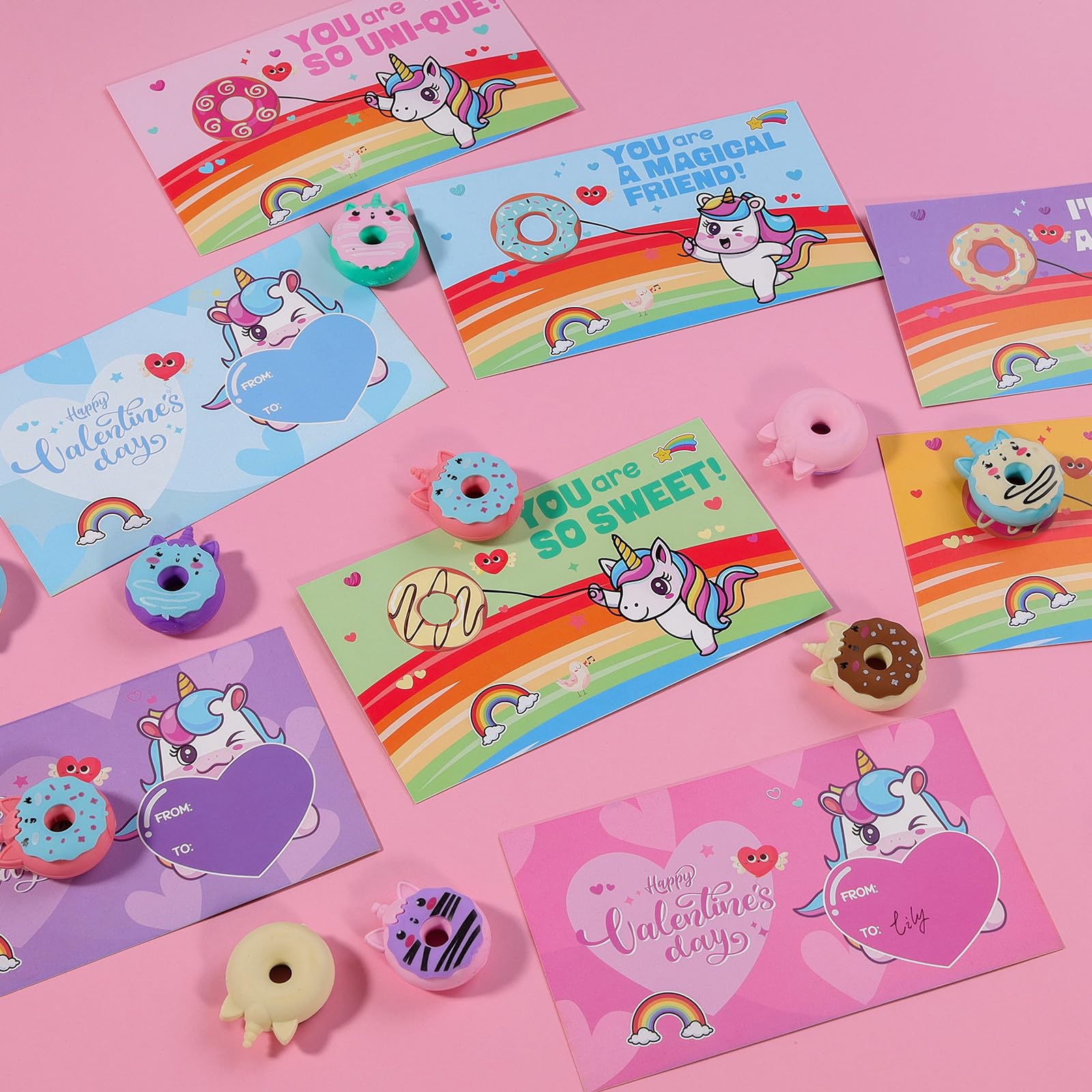 Smiletop Valentines Day Cards For Kids School - 30 Pack Donut Erasers With Valentines Cards For Kids Classroom - Valentines Day