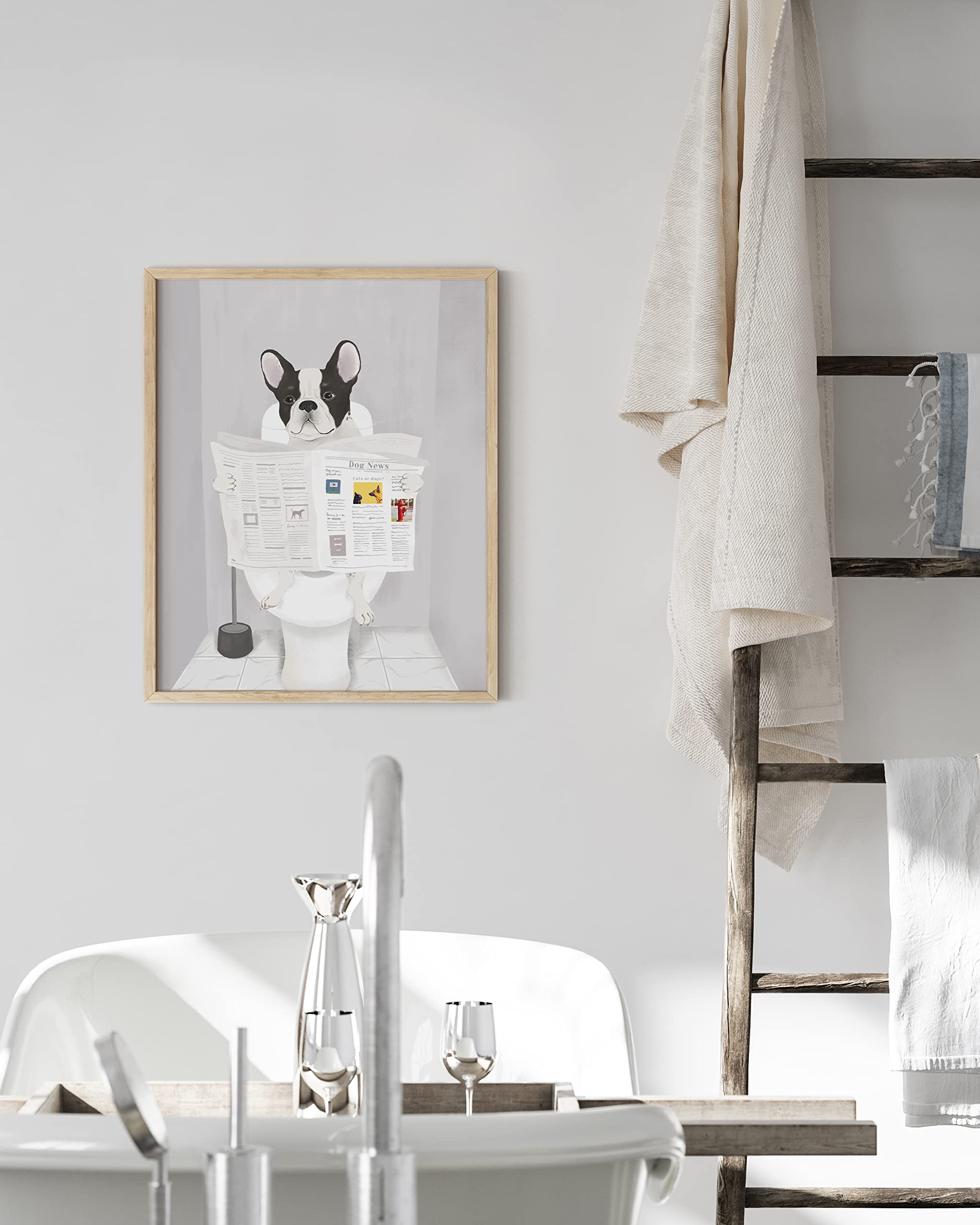 HAUS AND HUES Bathroom Wall Art Framed  Framed Bathroom Wall Art  Framed Wall Art for Bathroom  Funny Bathroom Wall Art  Bathroom Artwork for Wall Funny  Bathroom Dog Decor (Beige Framed  12x16)