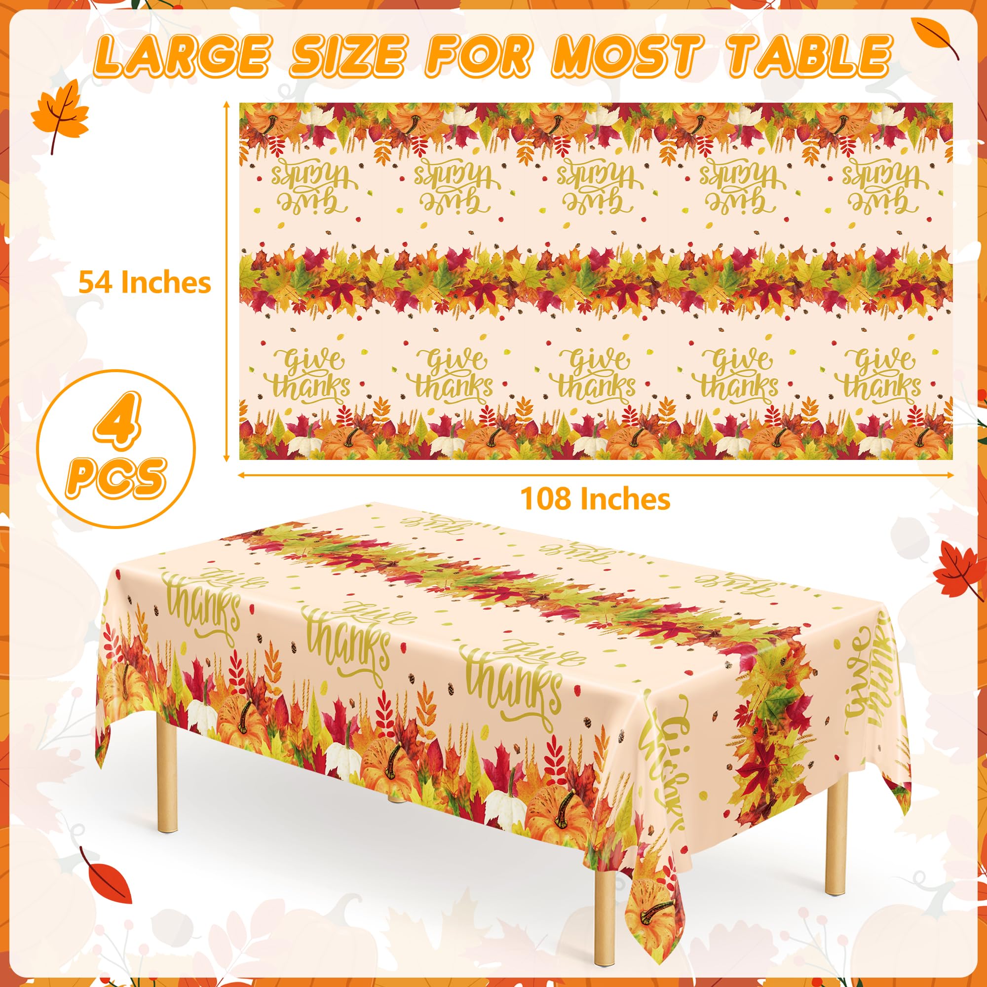 QZYL 4 Pack Thanksgiving Tablecloths, 54 x 108 Fall Plastic Tablecloth, Rectangle Maple Leaves Pumpkin Disposable Table Cloths T