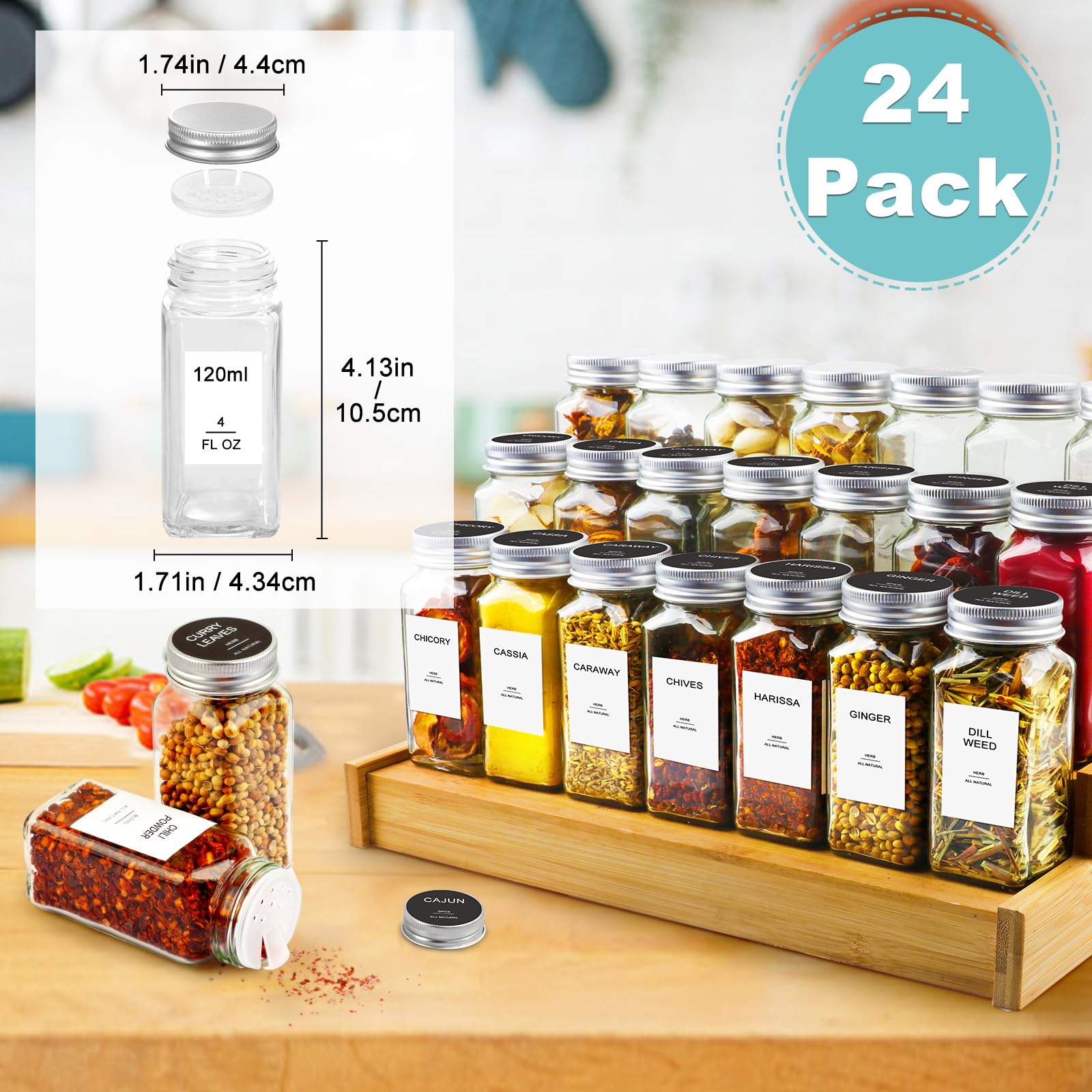 Aisiprin 24 Pcs Glass Spice Jars With Labels, 4Oz Small Empty Square Seasoning Containers Bottles - Shaker Lids, Funnel, Brush,4