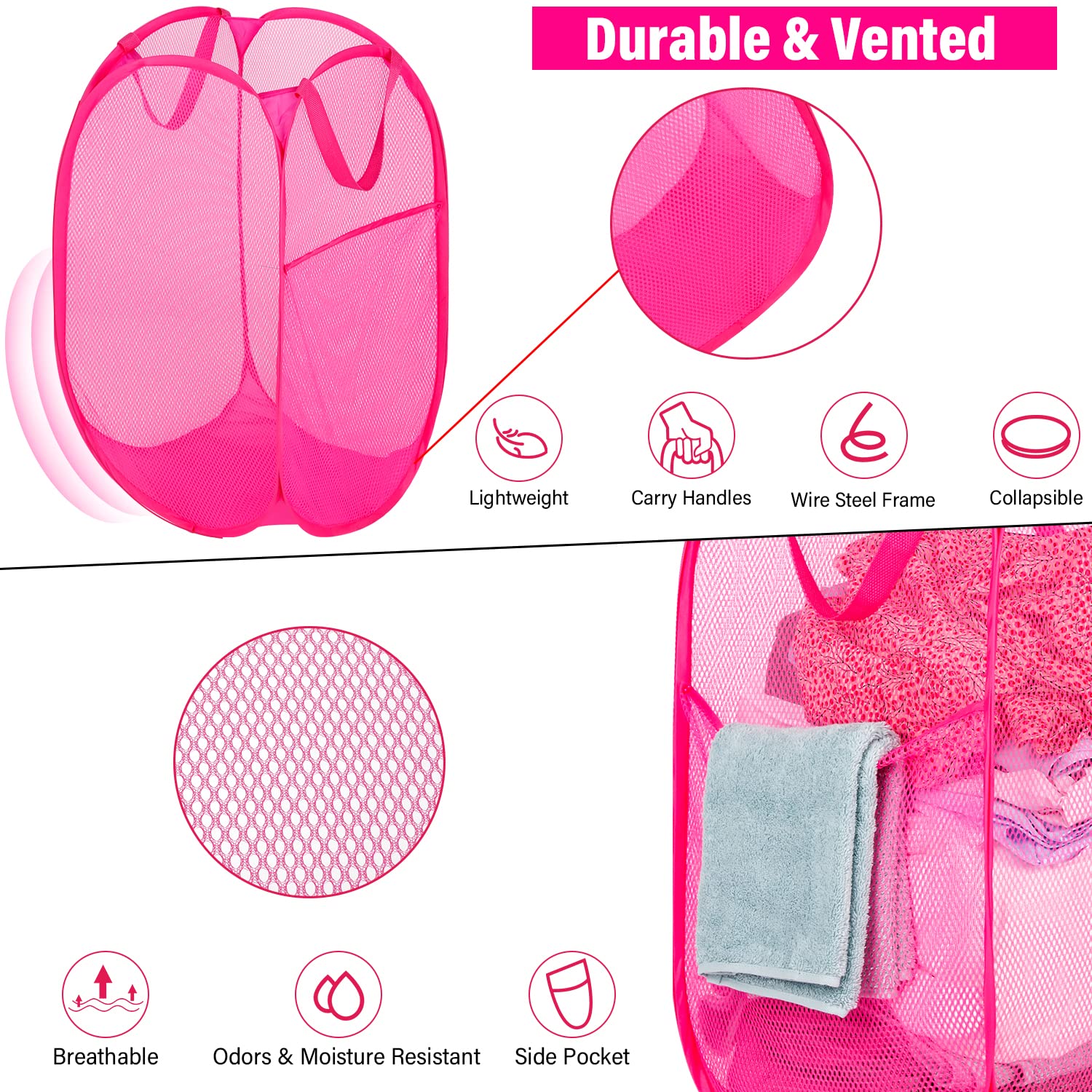 Deluxe Strong Mesh Pop up Laundry Hamper Basket with Side Pocket for Laundry Room  Bathroom  Kids Room  College Dorm or Travel Blush
