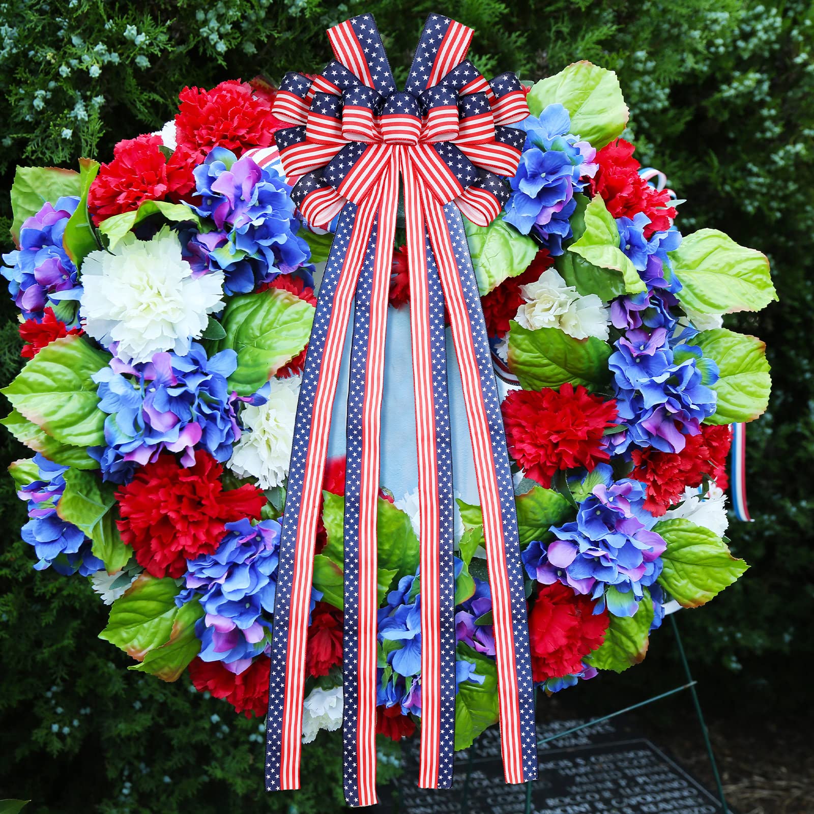 Cindeer 37 Pcs Patriotic Decorations Large America Flag Bow for Wreath 36 Pcs Patriotic Red White Blue Stars Ornaments Holiday T