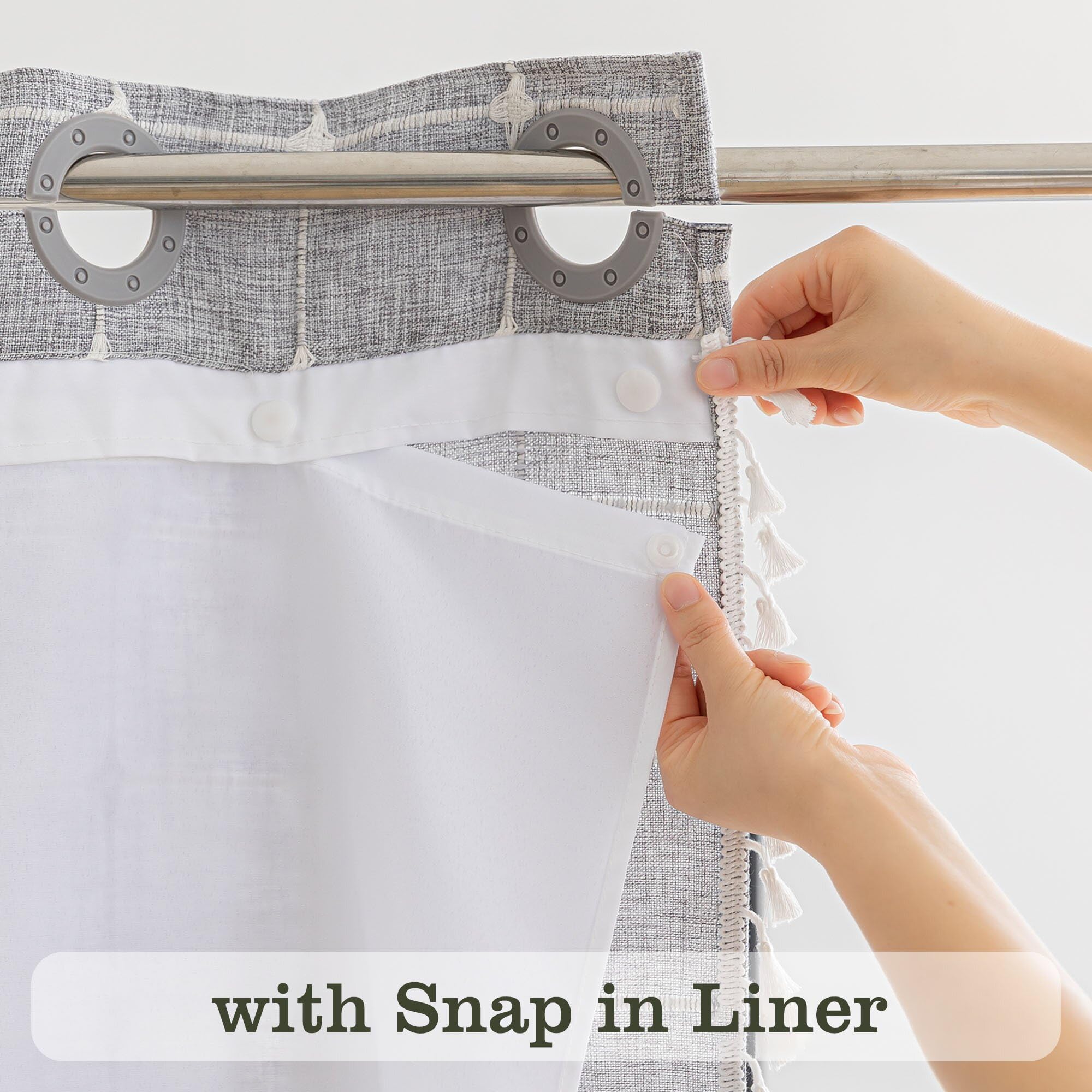 Farmhouse Shower Curtain With Snap-In Liner,No Hooks Needed,Boho Fabric Shower Curtains With Tassels For Rustic Neutral Bathroom
