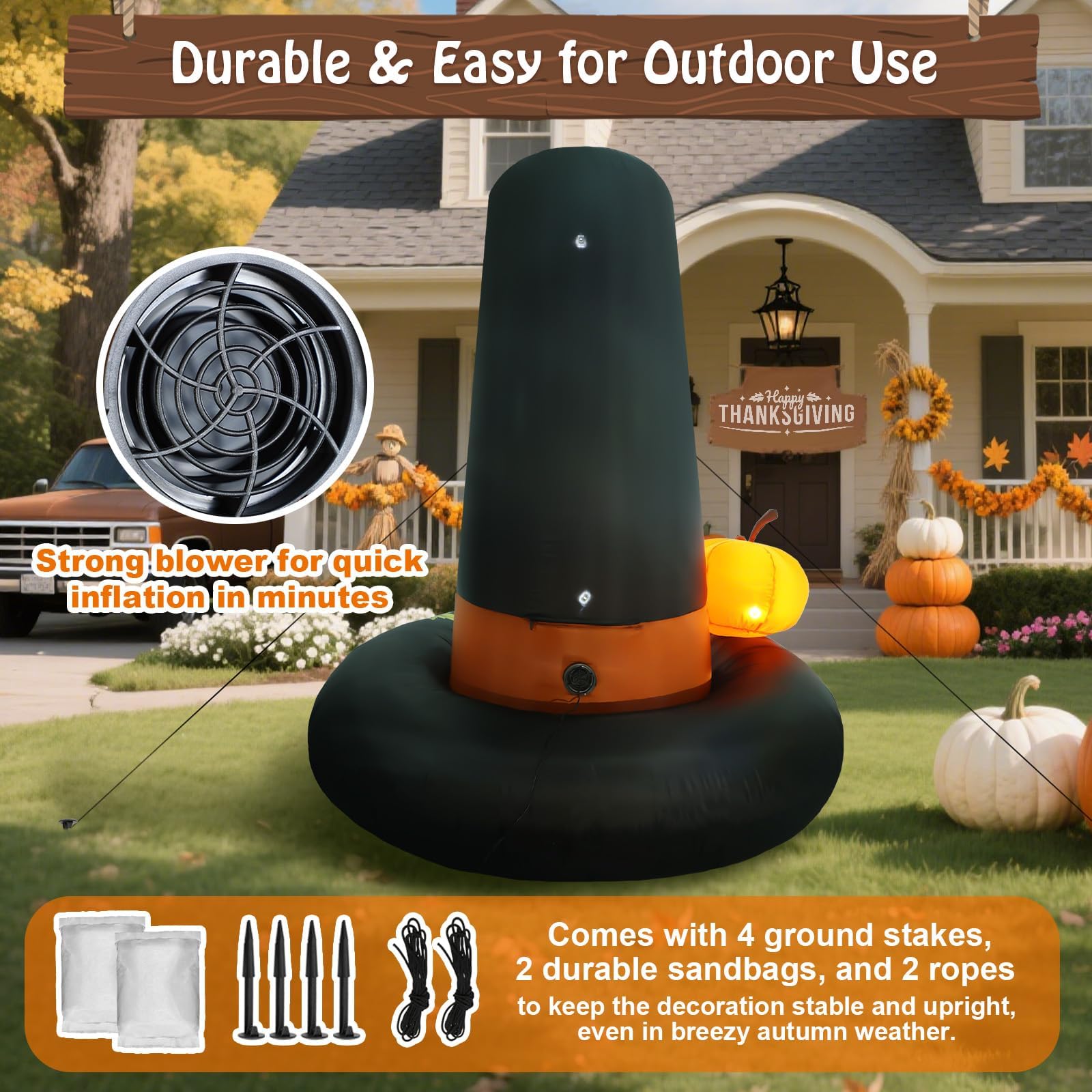 Inflatable Turkey Pilgrim Hat Lawn Decorations Thanksgiving Inflatable Outdoor Yard Decoration 6FT Giant Blow Up with LED Lights