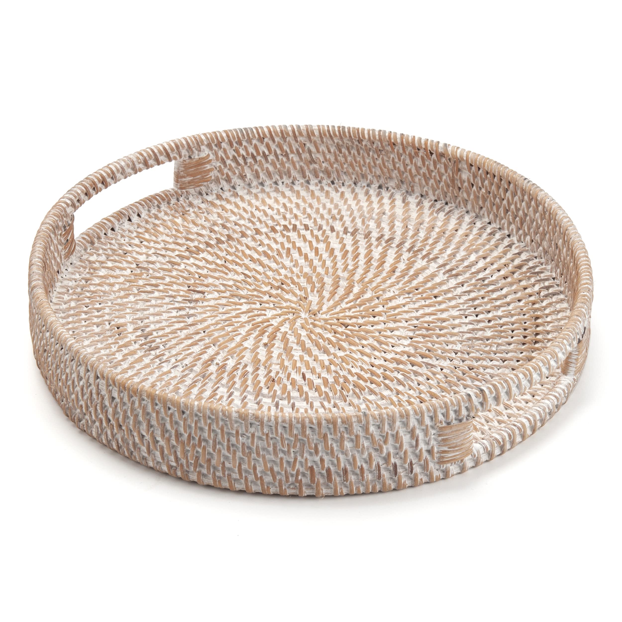 Round Rattan Serving Tray Decorative Woven Ottoman Trays With Handles For Coffee Table White (Small 11.8 Inch X 2.4 Inch)