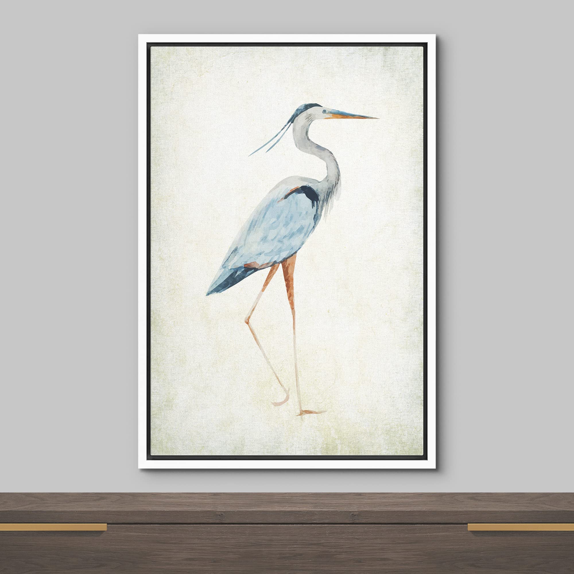 Wall26 - Framed Canvas Wall Art - Heron Bird - Wild Animal - Gallery Wrap Modern Home Art | Ready To Hang - 24''X36'' White