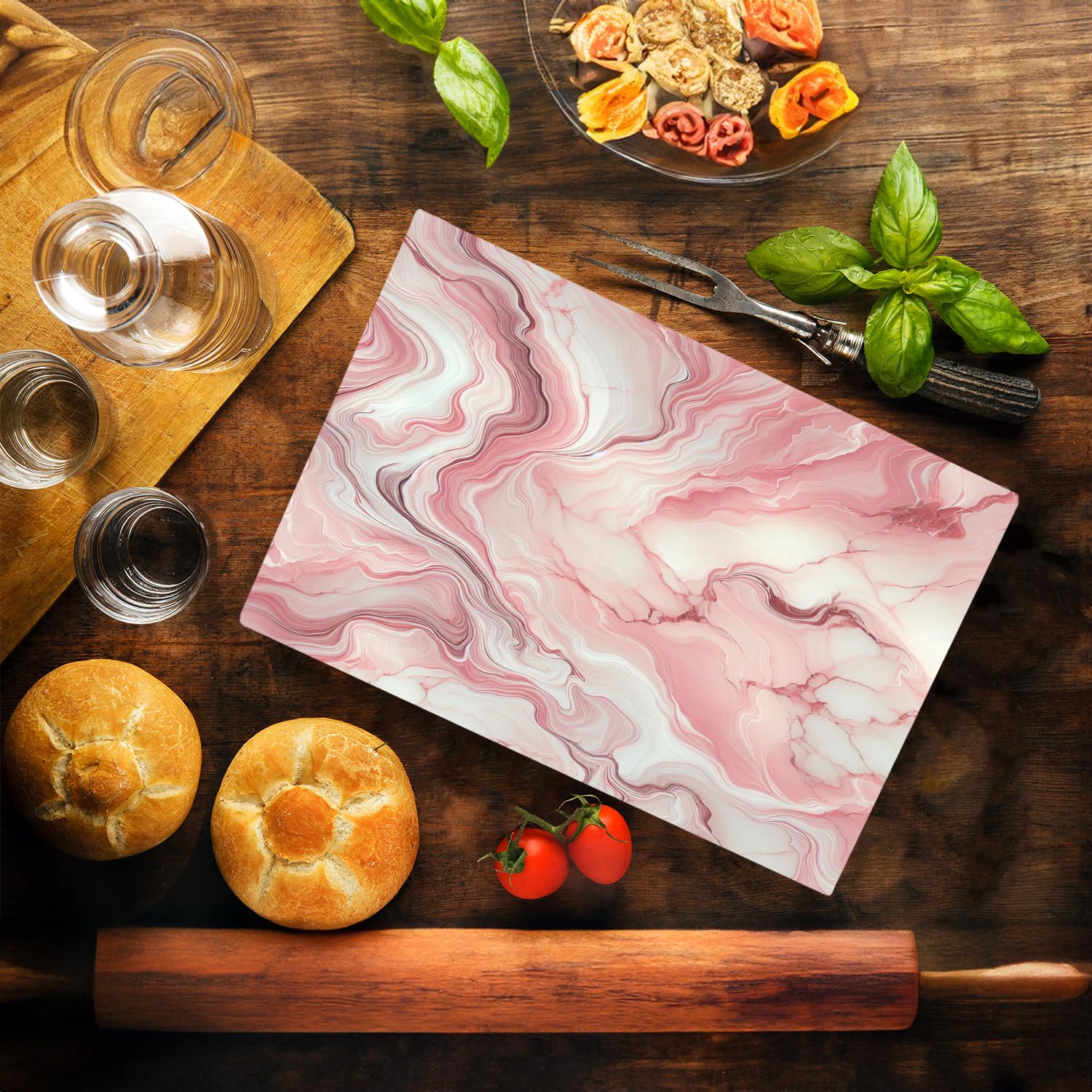 Pink Marble Kitchen Glass Cutting Board Ocean Decorative Gift Marbled Granite Stone Rock Gift For Her Mom Wife (Pink 1)