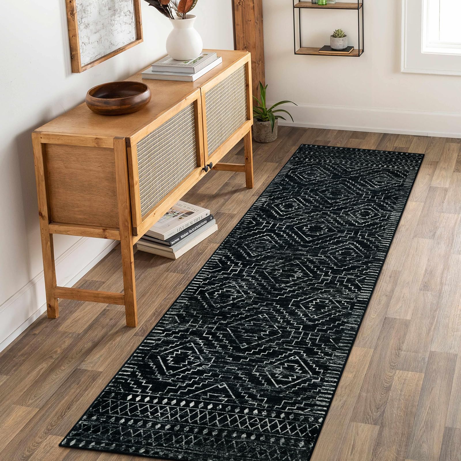 Wonnitar Moroccan Runner Rugs for Hallway 26x8, Black Washable Boho Kitchen Non-Slip Rug Runner, Geometric Tribal Long Soft Ba