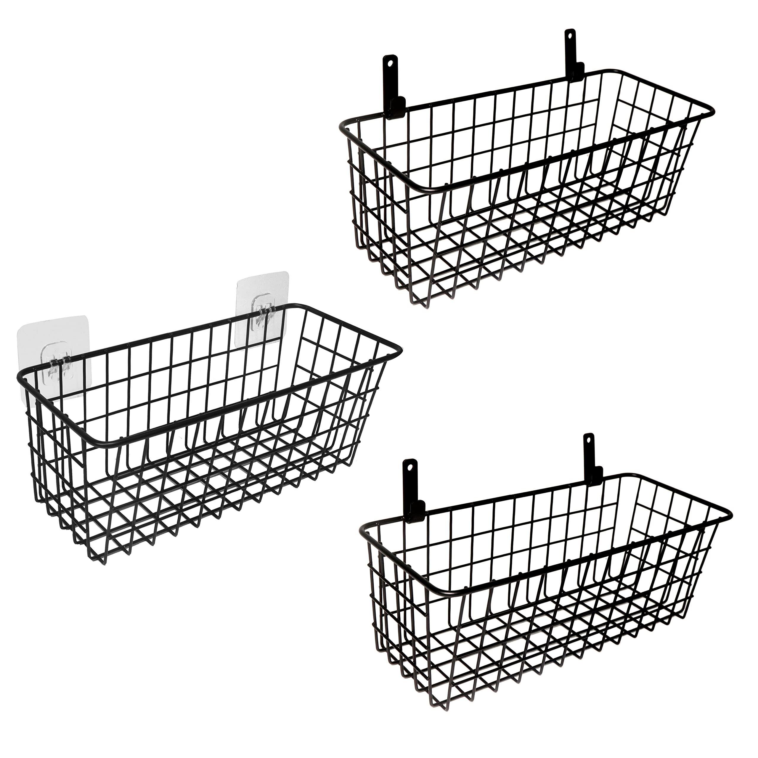 3 Set Hanging Wire Baskets Wall Mount Fruit Basket No Drilling Adhesive Small Metal Basket Farmhouse Food Storage Mesh Bin Kitchen Pantry Laundry Bathroom Closet Garage RV Black