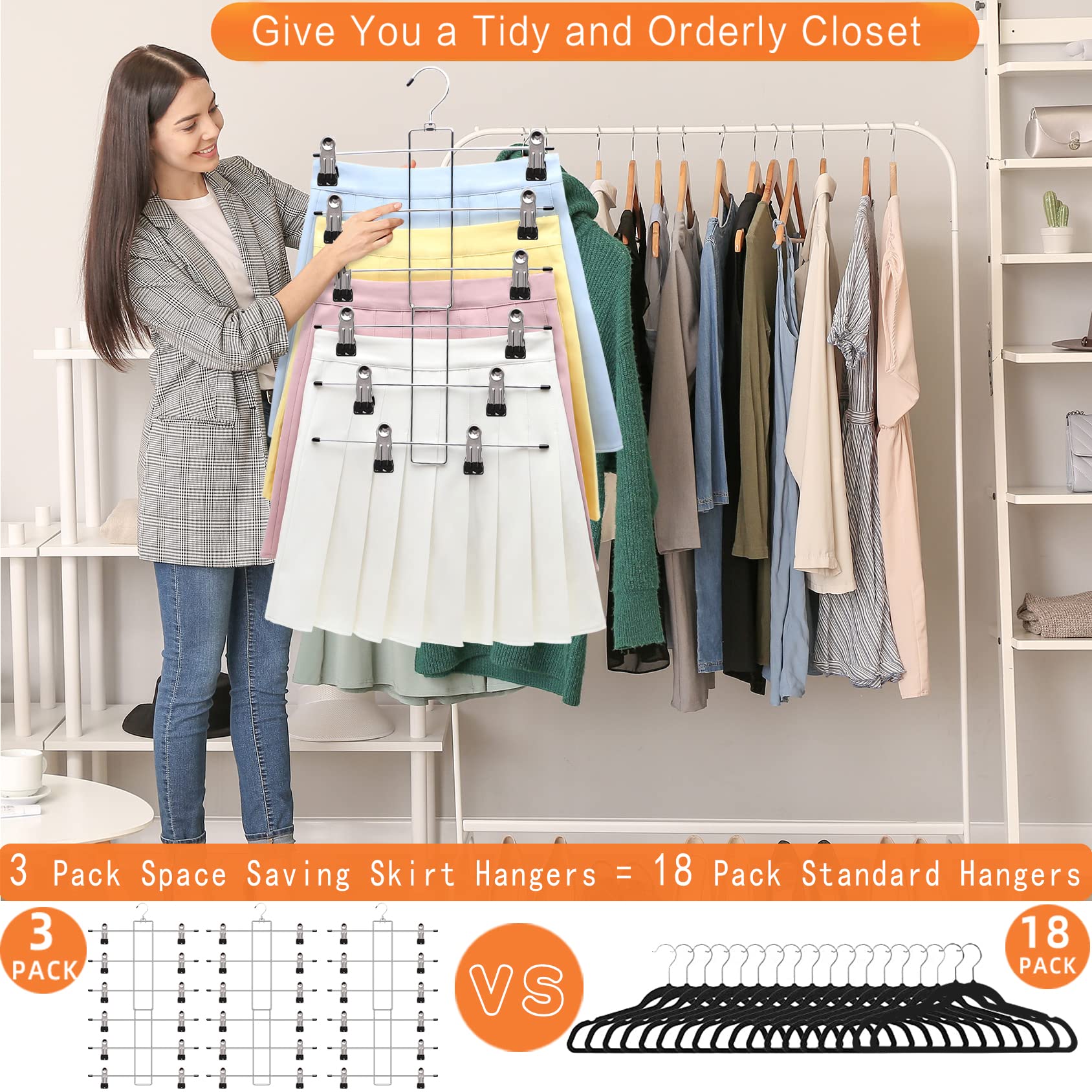 3 Pack Pants-Hangers-Space-Saving 6 Tier-Closet-Organizers-and-Storage Skirt Hangers with Clips Clothes- Jeans Scarf Hangers College-Dorm-Room-Essentials D?cor  Stainless Steel