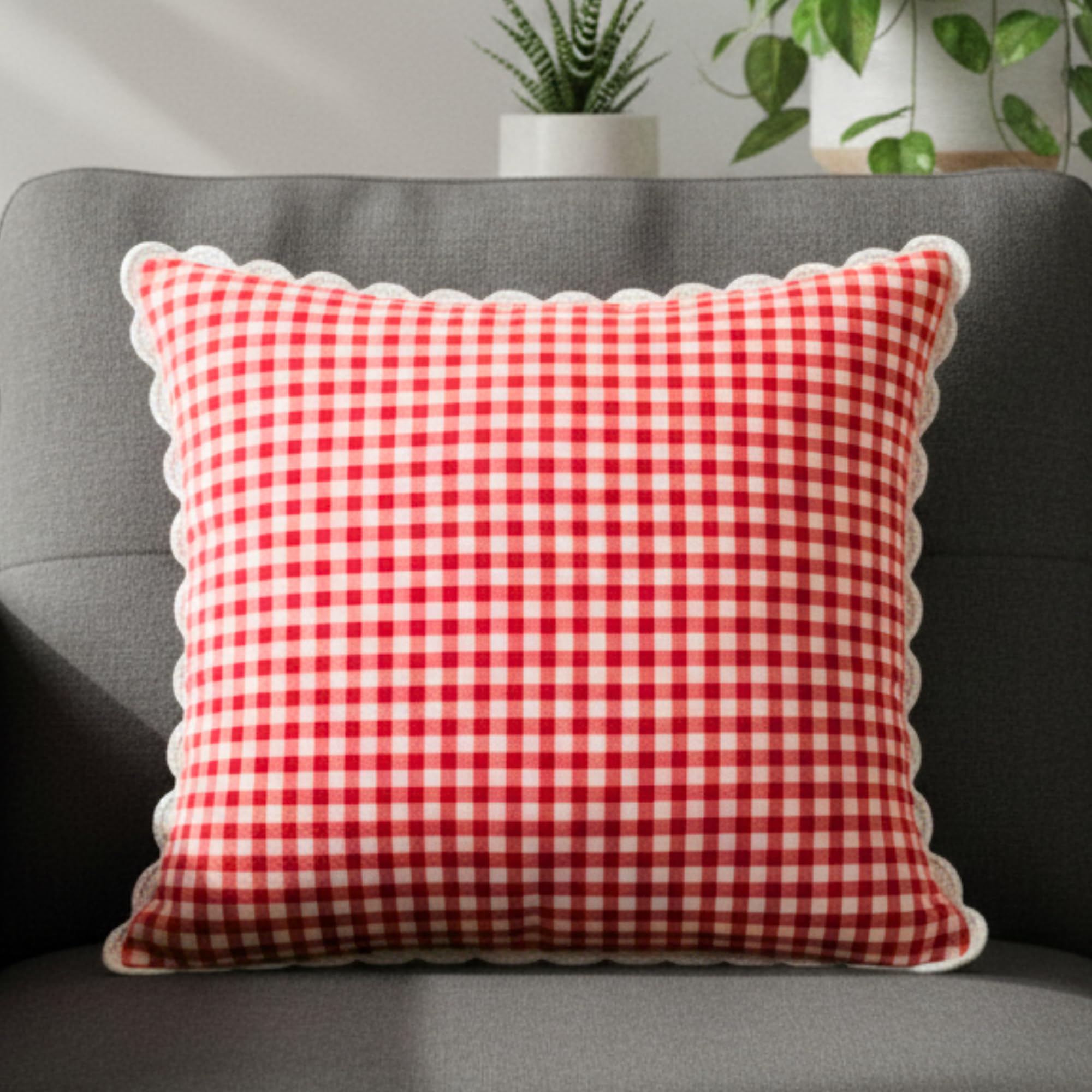 Sleepy Threads Red & White Checkered Cotton Cushion Cover | 16X16 Inch/40X40 Cm | Decorative Throw With Handcrafted Crochet Bord