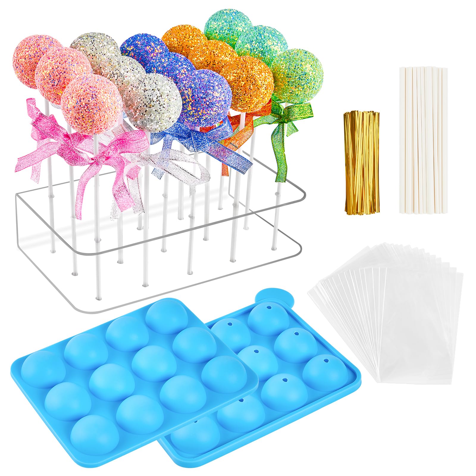 Cake Pop Maker Set, 12 Cavity Silicone Cake Pop Mold With15 Hole Clear Acrylic Lollipop Display Stand Holder, Sticks Treats Bags