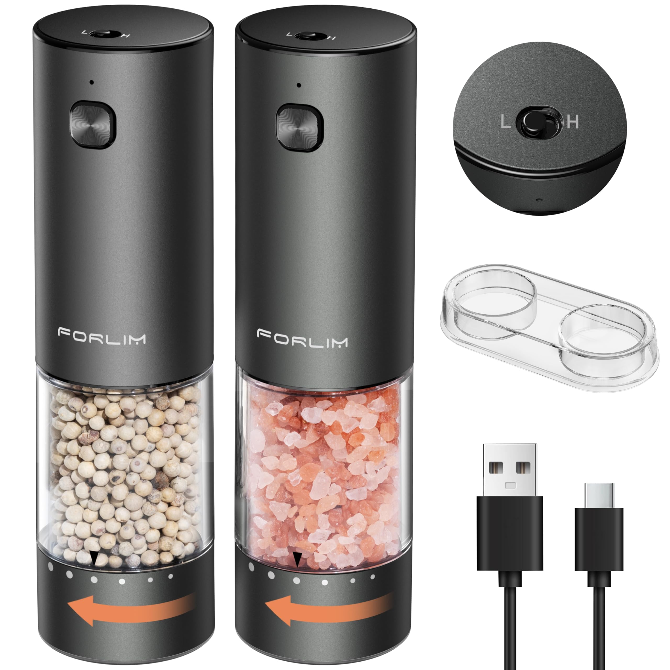 FORLIM 2-Speed Electric Salt And Pepper Grinder Set, External Rotation To Adjust Coarseness, Rechargeable Aluminum Alloy Pepper 