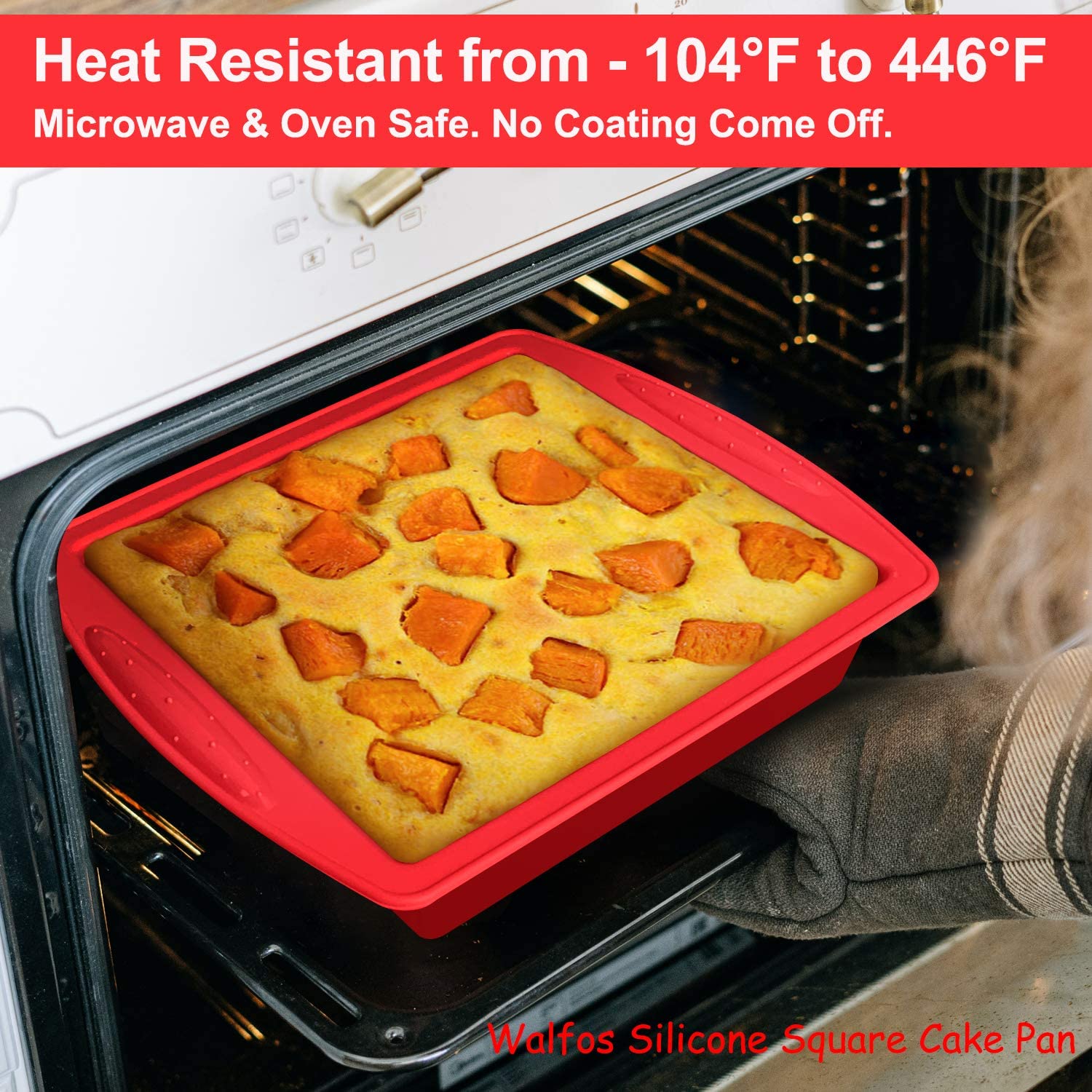 Walfos Silicone Square Cake Pan, 8 Inch, Red, Bpa Free, Non-Stick, Perfect For Brownies, Cakes, Bread, Pies, And Lasagna, Set Of