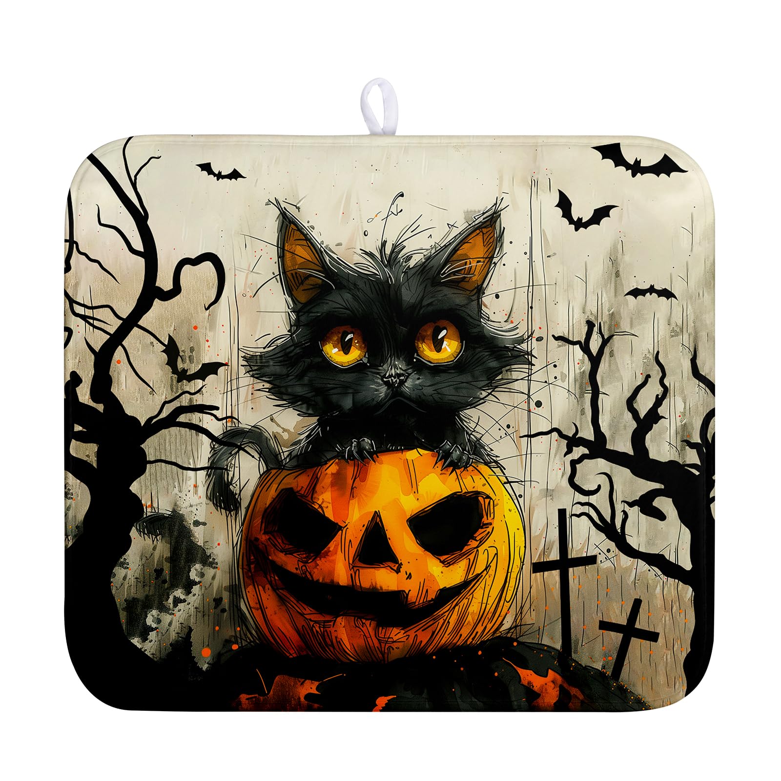 Wnoesat Black Cat Halloween Kitchen Dishes Drying Mat 16x18 Inch Halloween Fall Pumpkin Bat Dish Drying Mats for Kitchen Counter