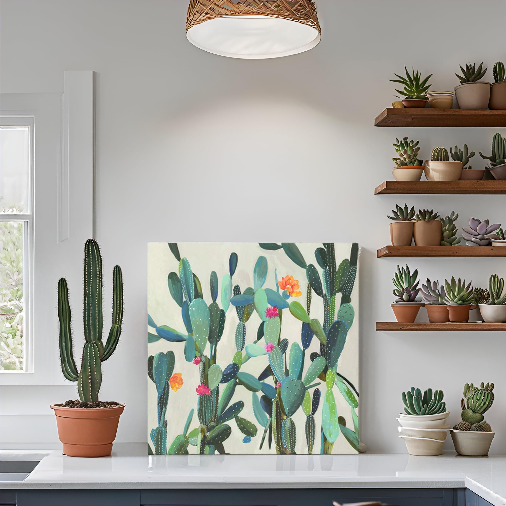 JAPO ART Cactus Wall Art Succulent Boho Wall Decor Plant Pictures Wall Art Southwest Decor Arizona Desert Catctus Decor Pictures Desert Poster Wall Hanging Decor for Kitchen Bathroom Decor 24x24 Inch
