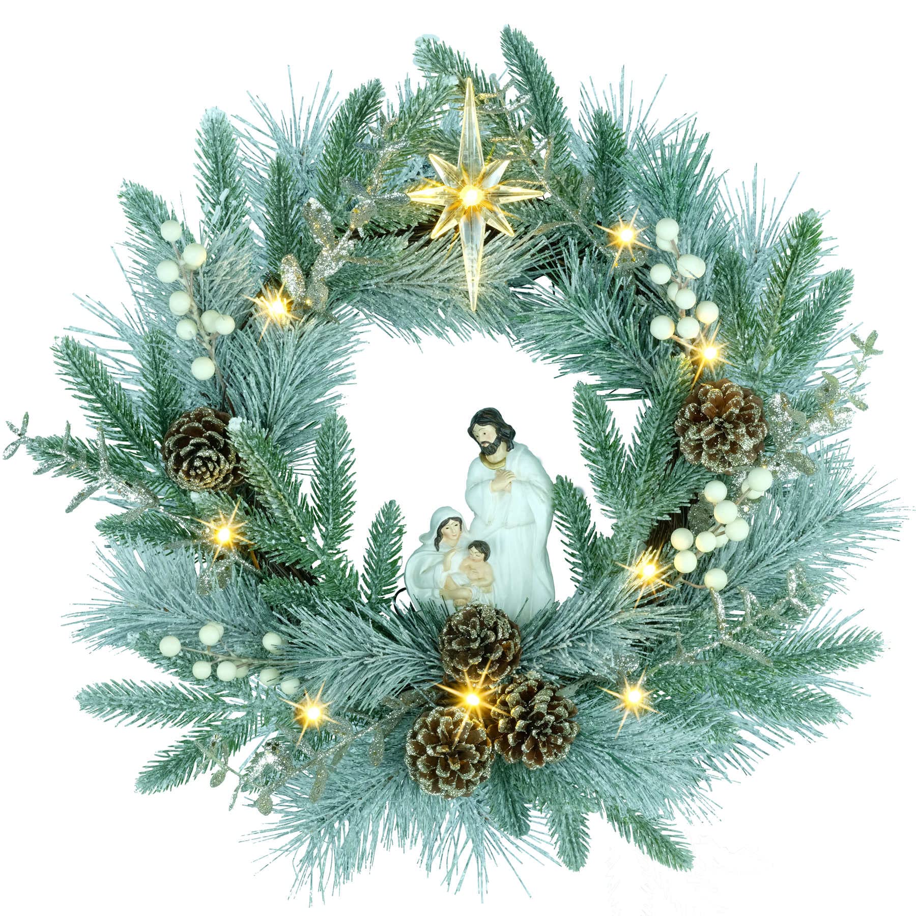 YULETIME 20 Pre-Lit Nativity Wreath, Battery Operated with 10 Fairy Lights, Holy Family Nativity Statue, Star of Bethlehem, Pine