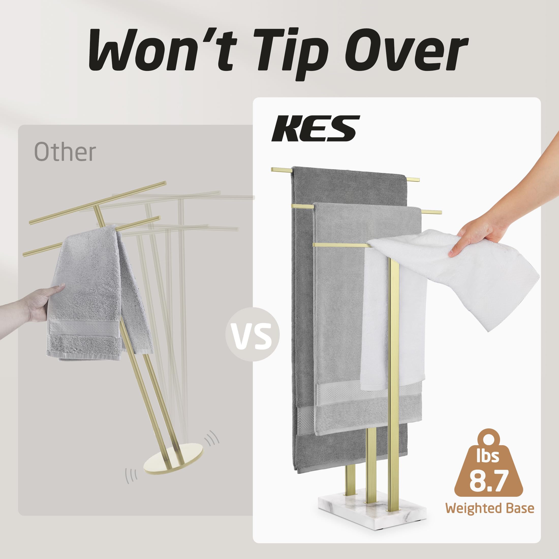 Kes Standing Towel Rack 3-Tier With Marble Base, Brushed Gold Towel Rack Stand For Bathroom Floor, Fits Large Bath Towel & Hand