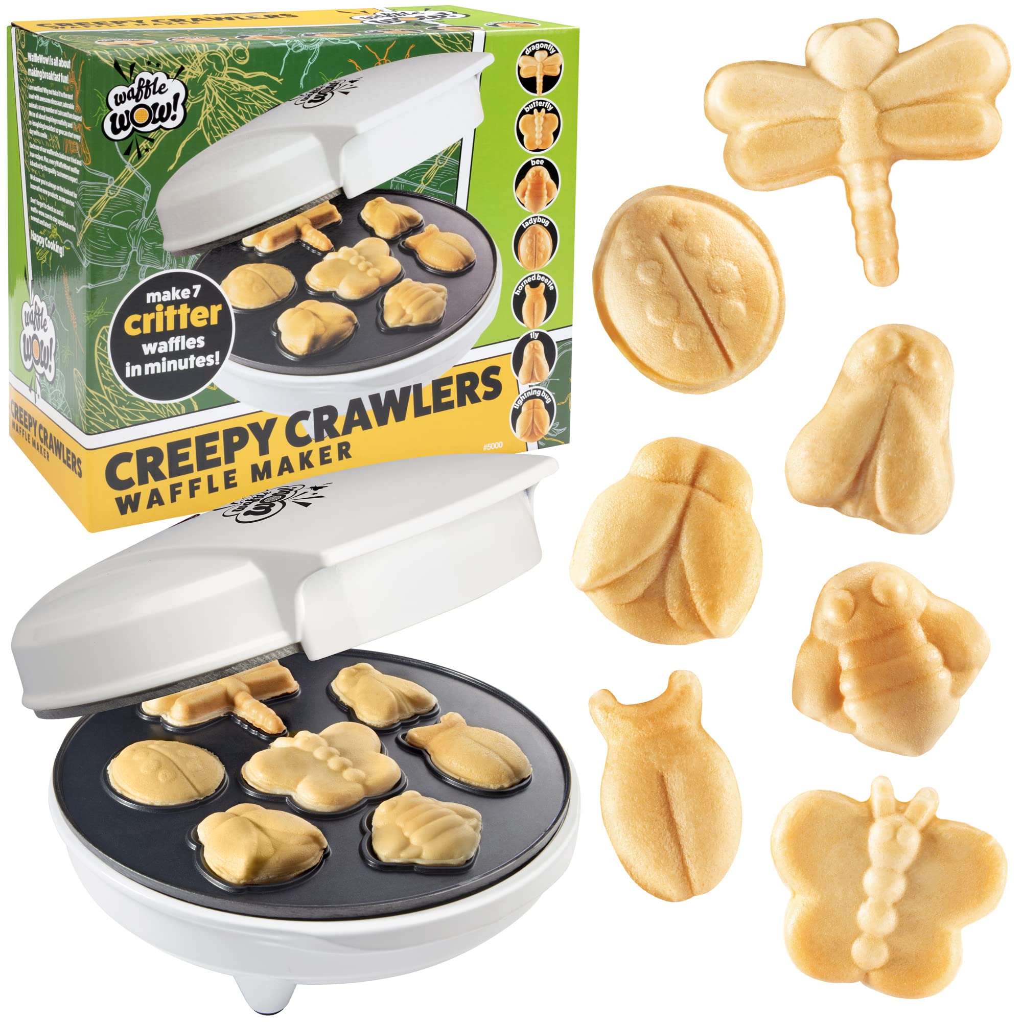 The Original Creepy Crawly Bug Waffle Maker- 7 Fun Different Insect Shaped Pancakes- Butterfly Lady Bug Bee & More- Electric Non