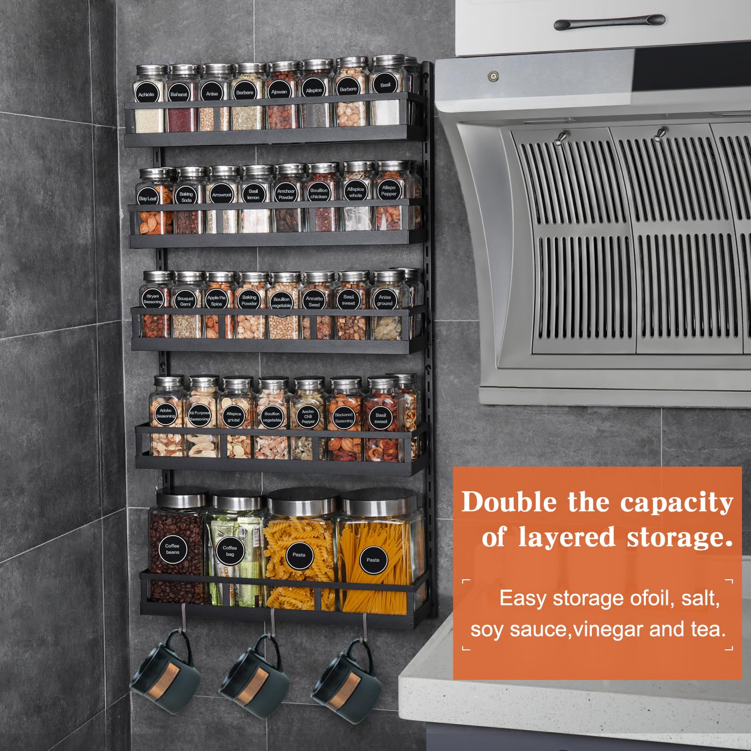 X-cosrack Wall Mount Spice Rack Organizer, 5 Tier, Height-Adjustable, Carbon Steel, 32.3'' x 16.6'' x 5.4'', Black,