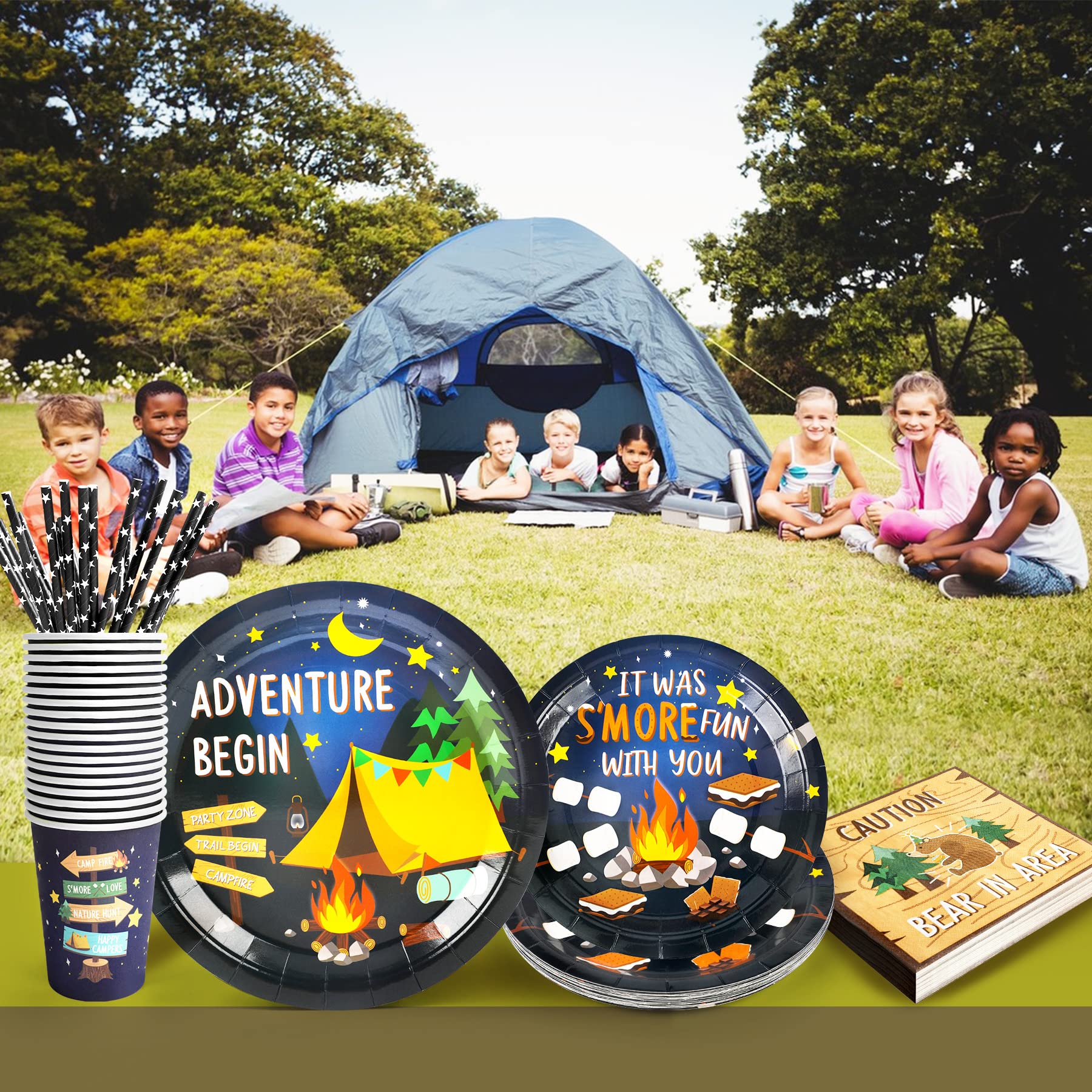 Camping Party Supplies Decorations, Campfire Hiking Camper Theme Birthday Paper Plates And Napkins Set With Cups And Straws For